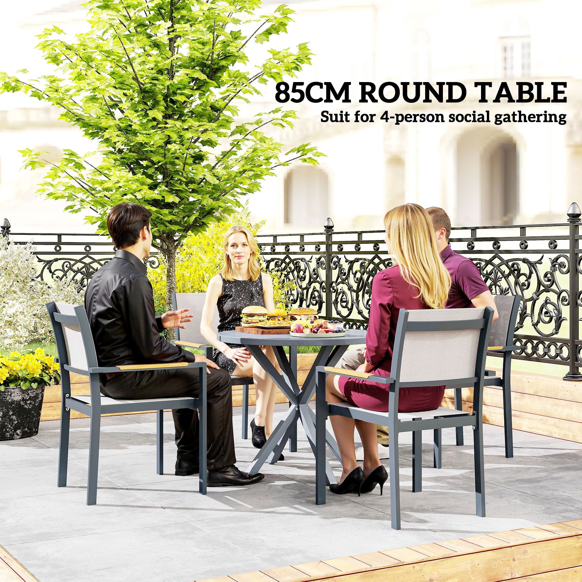 Outsunny Garden Table, 85cm Round Outdoor Dining Table with Steel Frame, Wood Effect Top, for Balcony, Deck, Dark Grey - North Peak Garden Furniture