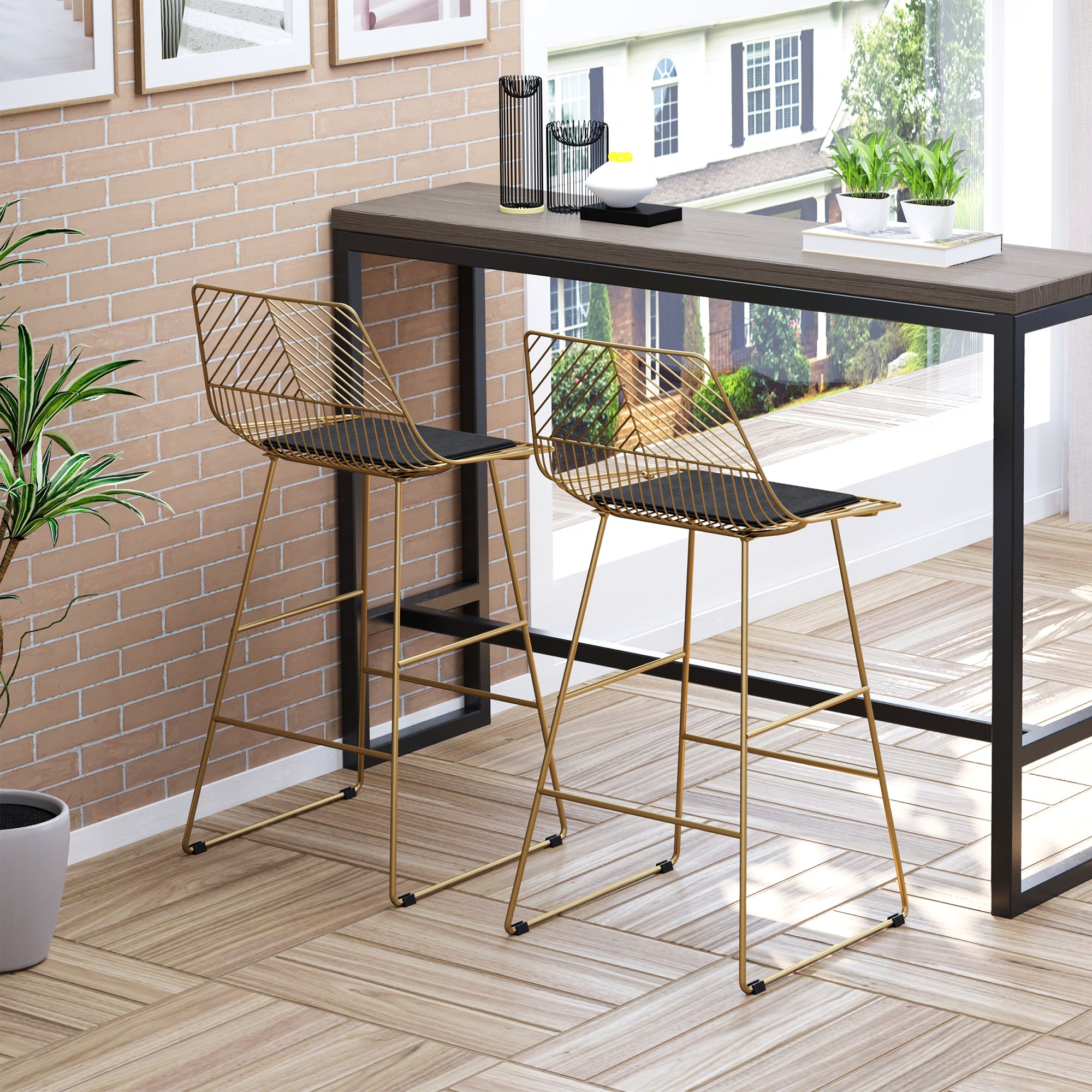 HOMCOM Set of 2 Bar stools Modern Counter Height Wire Metal Bar chairs for Kitchen, Bar Counter, Gold - North Peak Garden Furniture