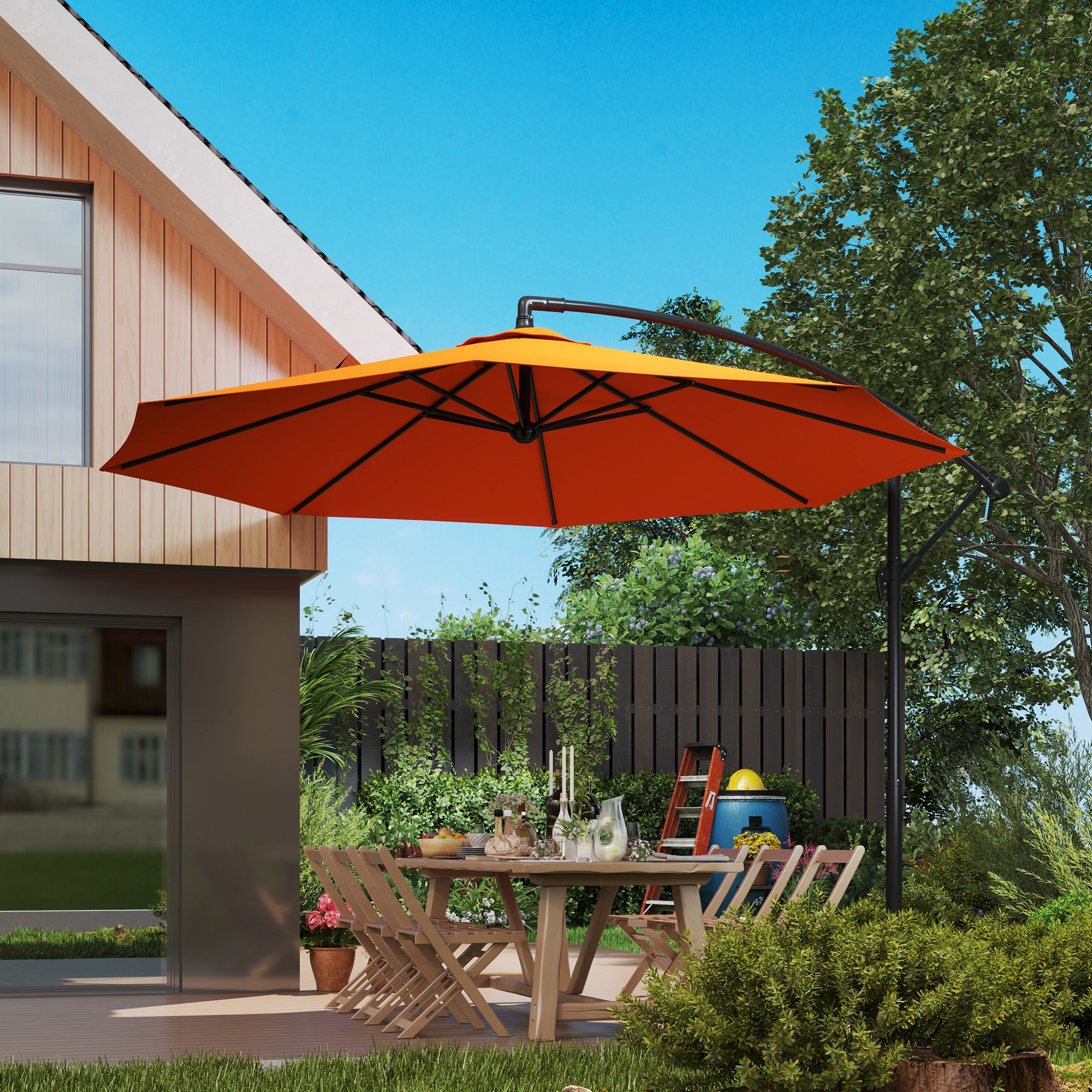 Outsunny 3(m) Overhanging Parasol, with Base - Orange - North Peak Garden Furniture