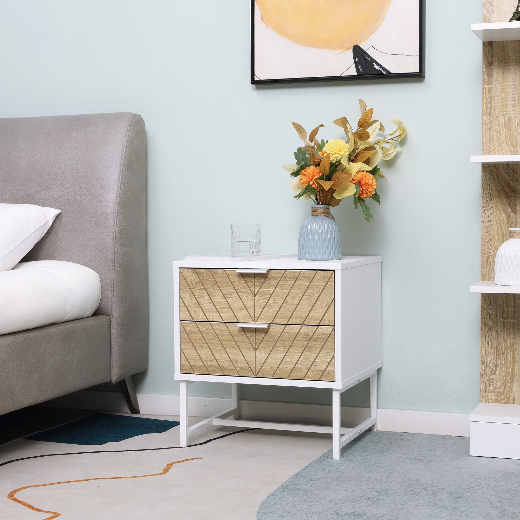 HOMCOM Modern Bedside Table with 2 Drawers and Metal Frame, Sofa Side Table for Bedroom Living Room, White and Oak - North Peak Garden Furniture