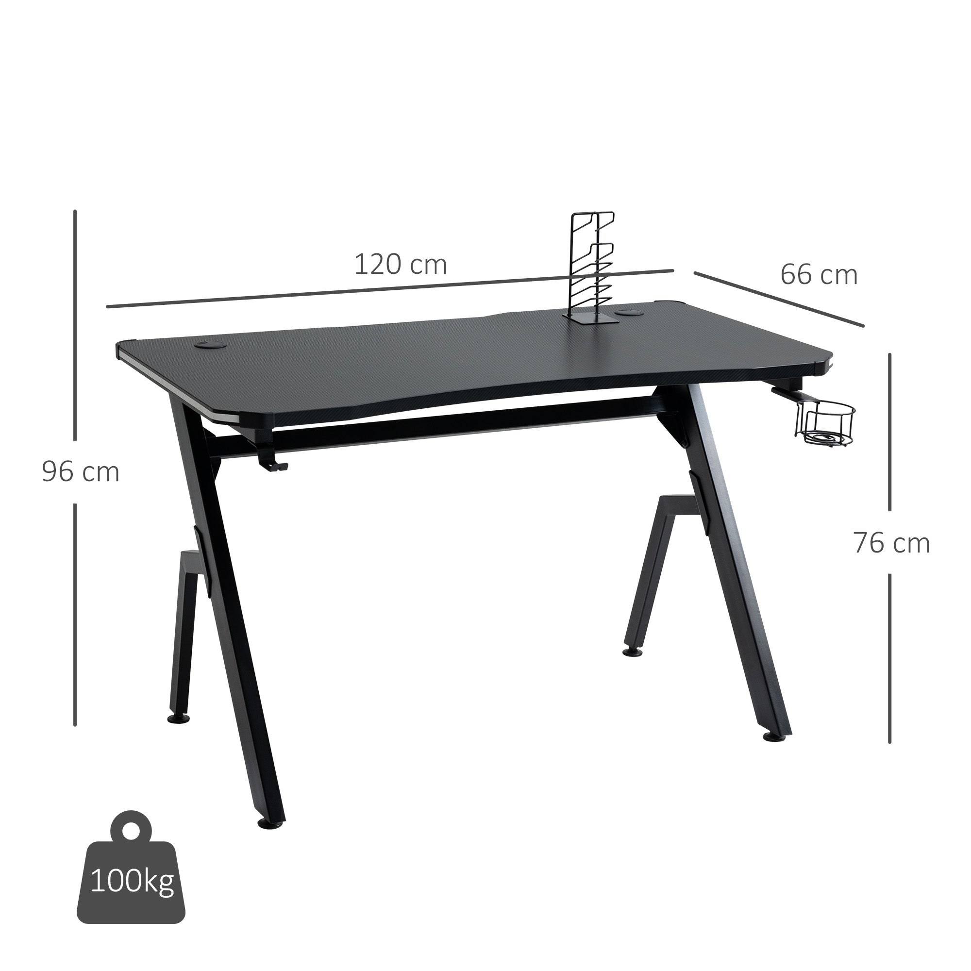 HOMCOM RGB 120 x 66cm Gaming Desk, Computer Table with Carbon Fibre Surface, Headphone Hook, Cup Holder, Controller Rack, Home Office Desk, Black - North Peak Garden Furniture