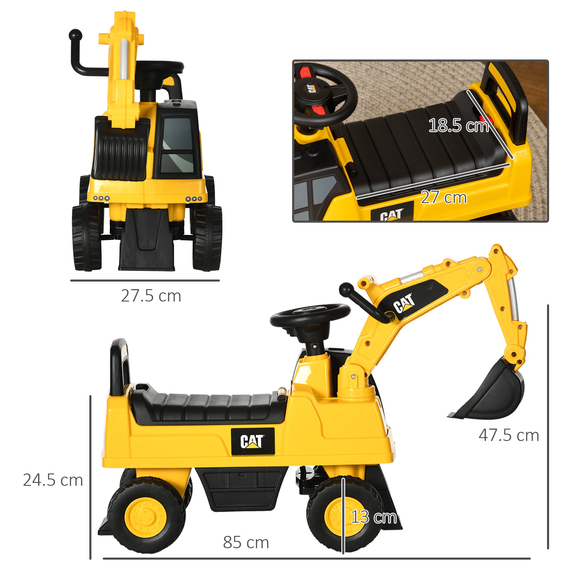 HOMCOM CAT Licensed Kids Ride on Digger Toddler Pretend Construction Play Toy Foot-To-Floor Ride-On Toy w/ Manual Shovel, Horn, Hidden Storage, for Ages 1-3 Years - North Peak Garden Furniture