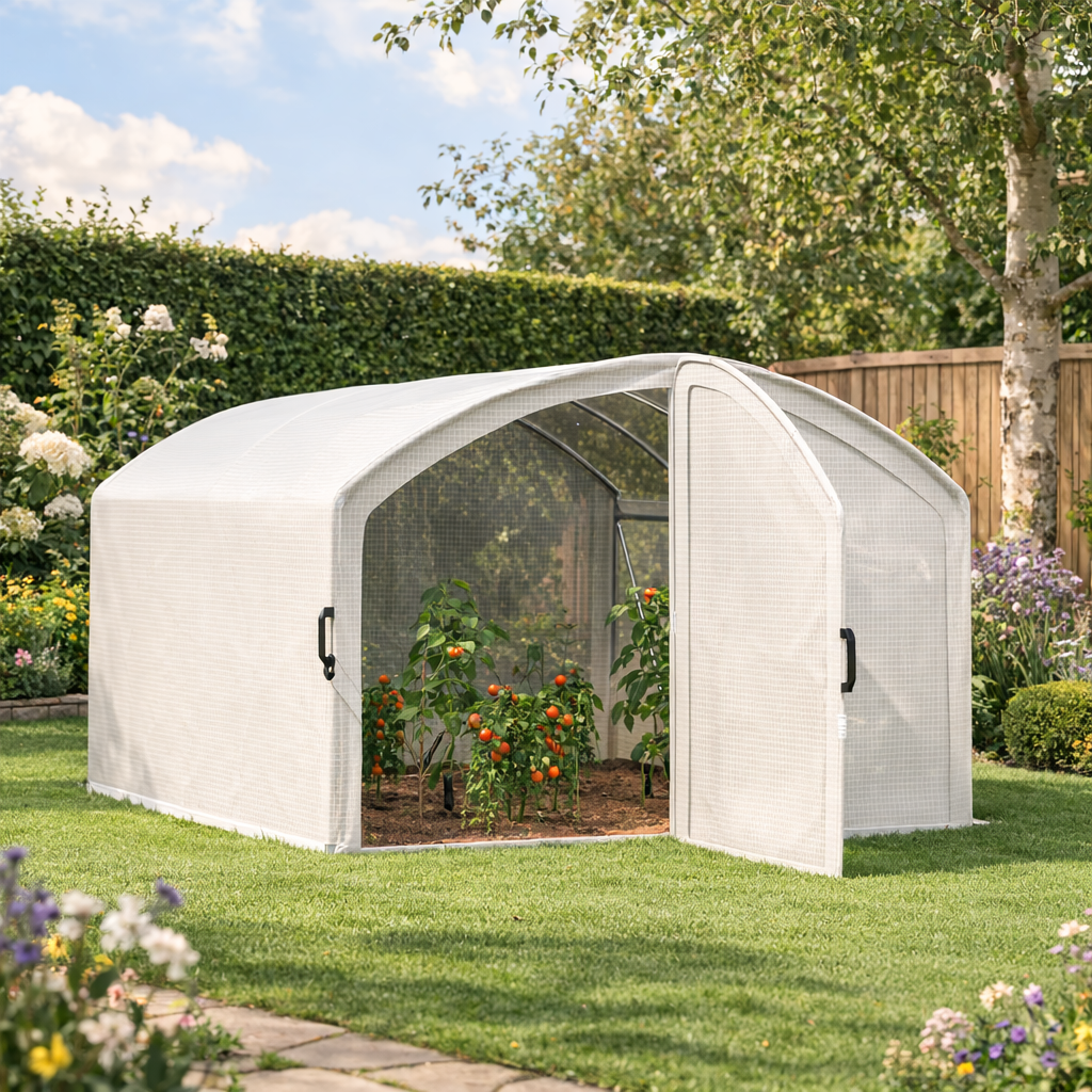 Outsunny Polytunnel Greenhouse Walk-in Grow House with UV-resistant PE Cover, Door, Galvanised Steel Frame, 4 x 3 x 2m, White