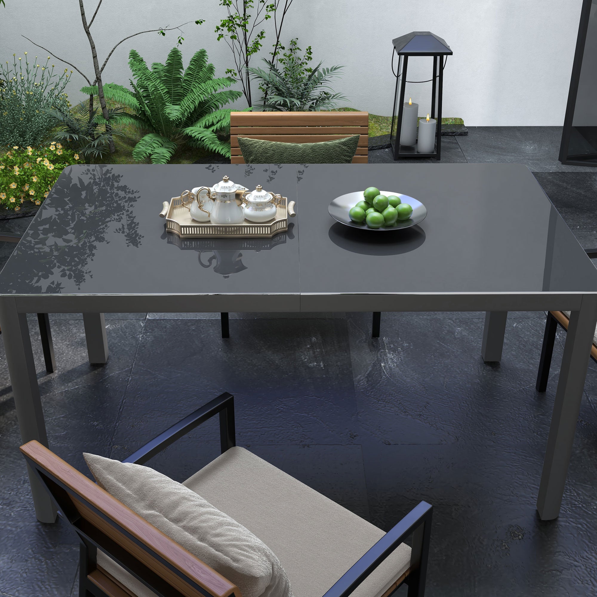 Outsunny 150cm x 88cm Aluminium Table, with Glass Tabletop - Grey - North Peak Garden Furniture
