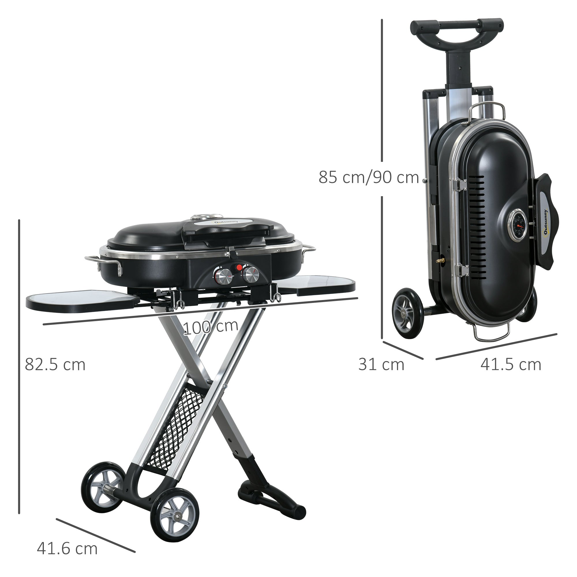 Outsunny Foldable Gas BBQ Grill 2 Burner Garden Barbecue Trolley w/ Lid Side Shelves Storage Pocket Piezo Ignition Thermometer, Aluminium Alloy - North Peak Garden Furniture