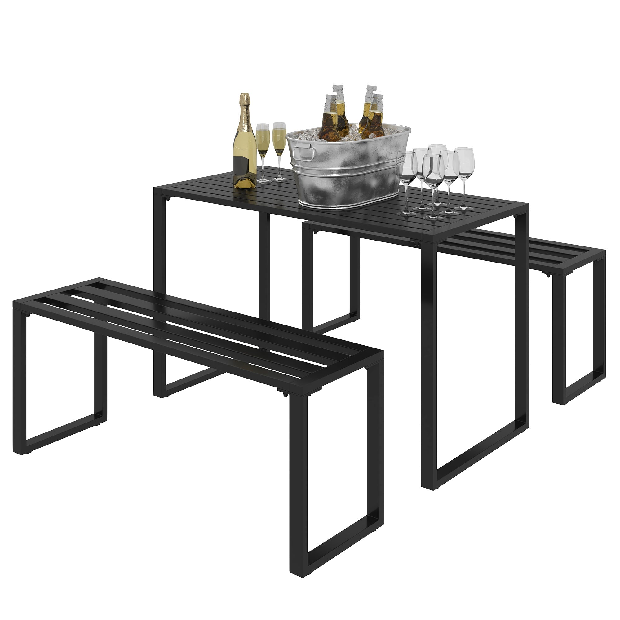 Outsunny 3 Pieces Picnic Bench Set with Table and 2 Benches, Slated Design Dining Trestle Beer Table and Seat, Black - North Peak Garden Furniture