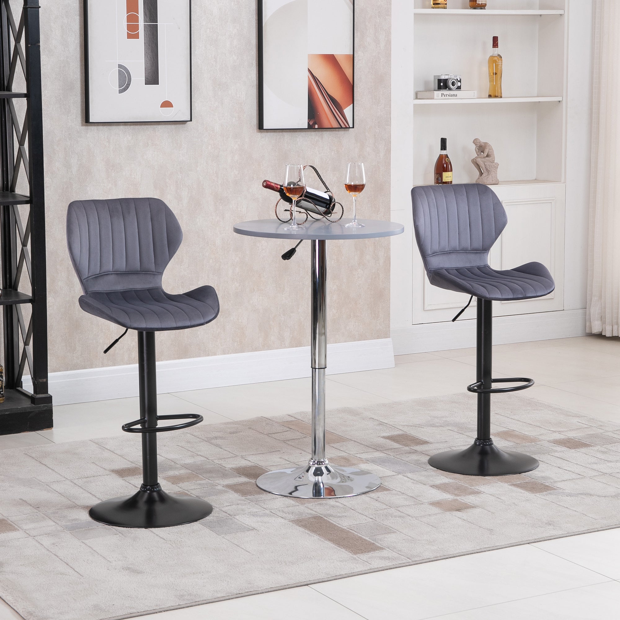 HOMCOM Bar Stool Set of 2 Velvet-Touch Fabric Adjustable Height Swivel Counter Chairs with Footrest, Grey - North Peak Garden Furniture