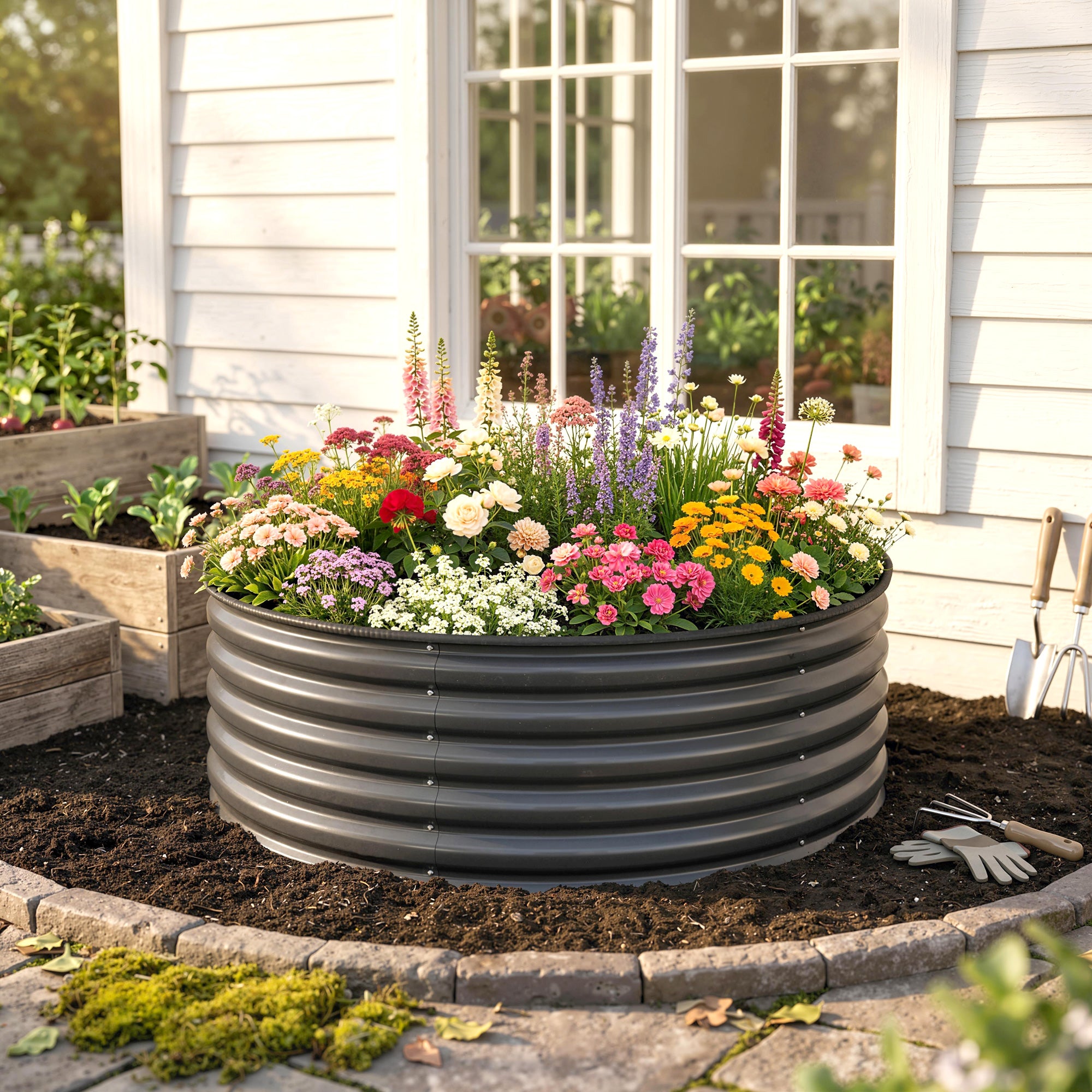 Outsunny Galvanised Raised Garden Bed with Safety Edging, Outdoor Raised Planter Box with Gloves, 120 x 120 x 43cm, Dark Grey
