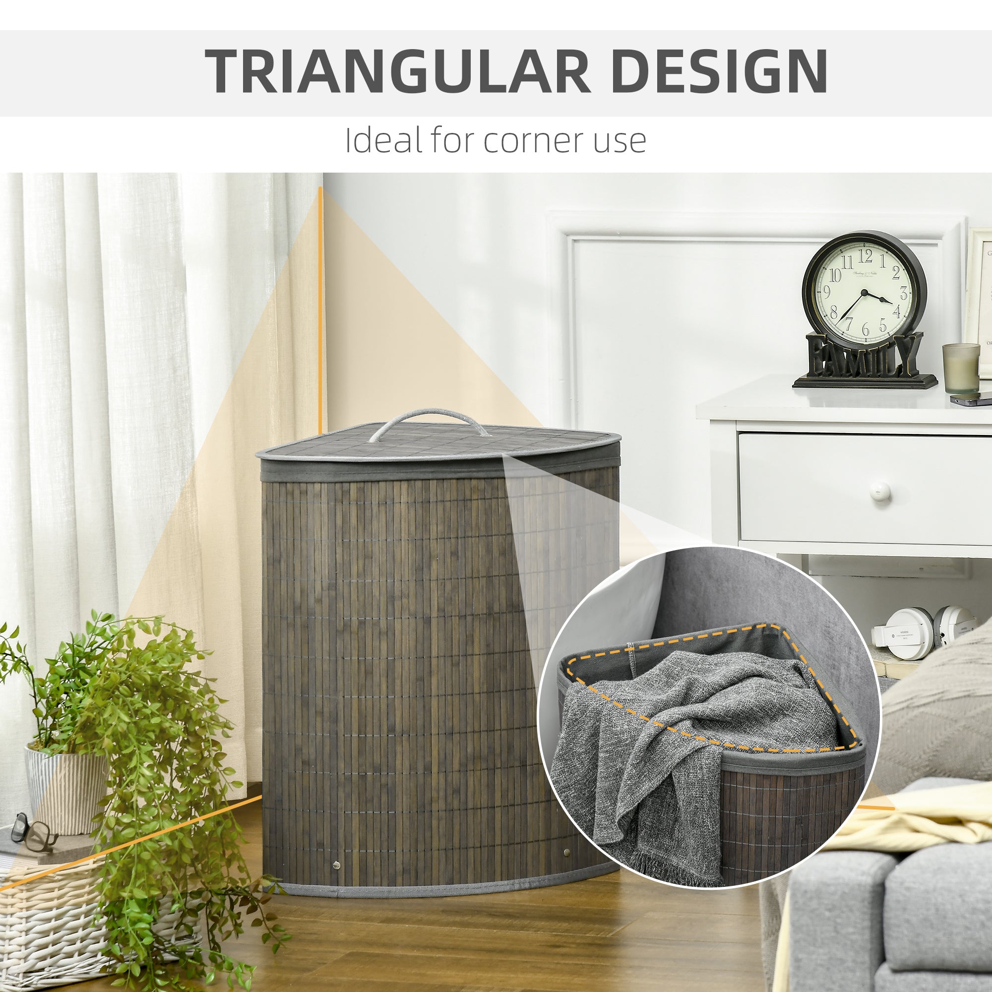 HOMCOM Bamboo Laundry Basket with Lid, 55 Litres Laundry Hamper with Removable Washable Lining, Corner Washing Baskets, 38 x 38 x 57cm, Grey - North Peak Garden Furniture