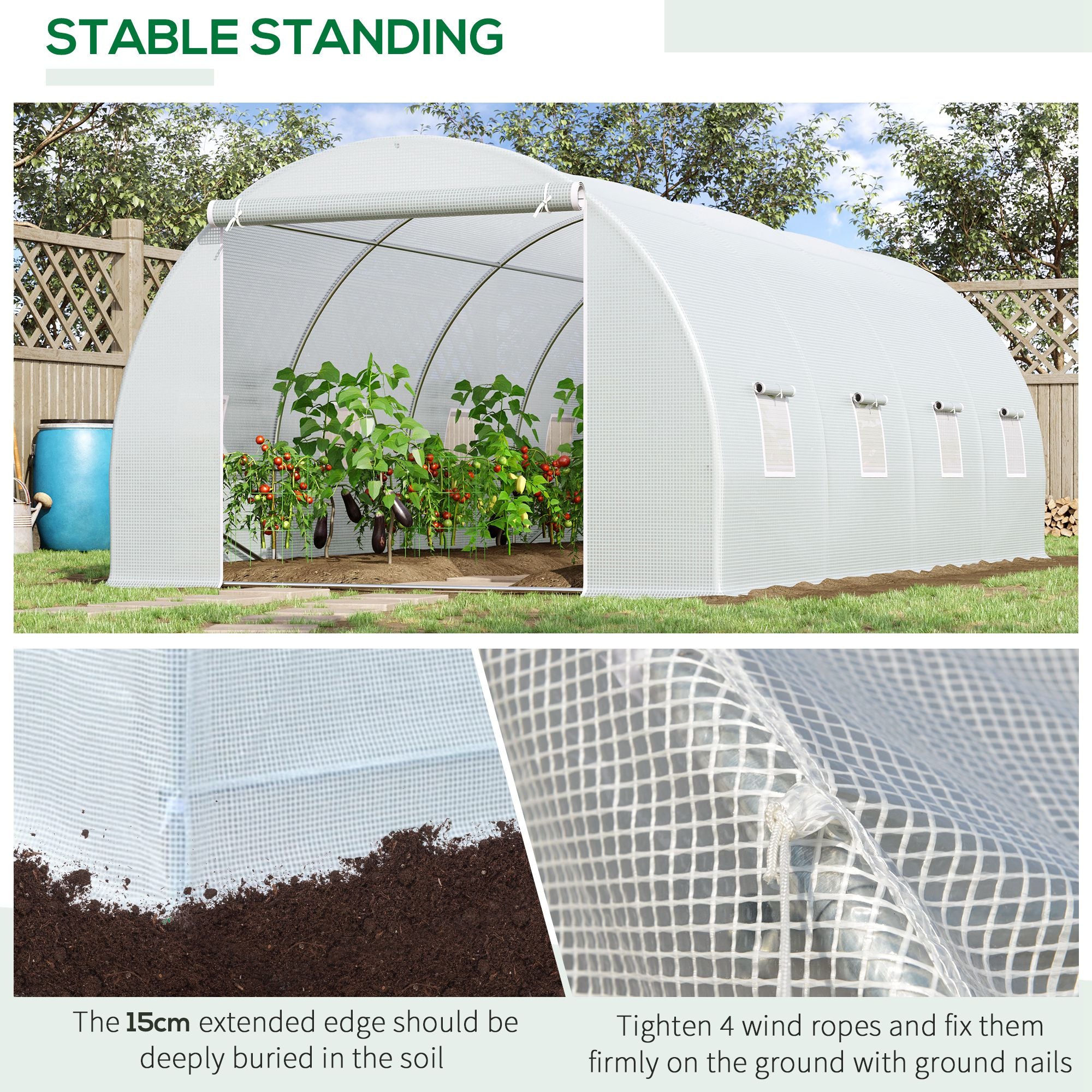 Outsunny 6 x 3 x 2 m Polytunnel Greenhouse, Walk in Polytunnel Tent with Metal Frame, Zippered Door and 8 Windows for Garden and Backyard, White - North Peak Garden Furniture