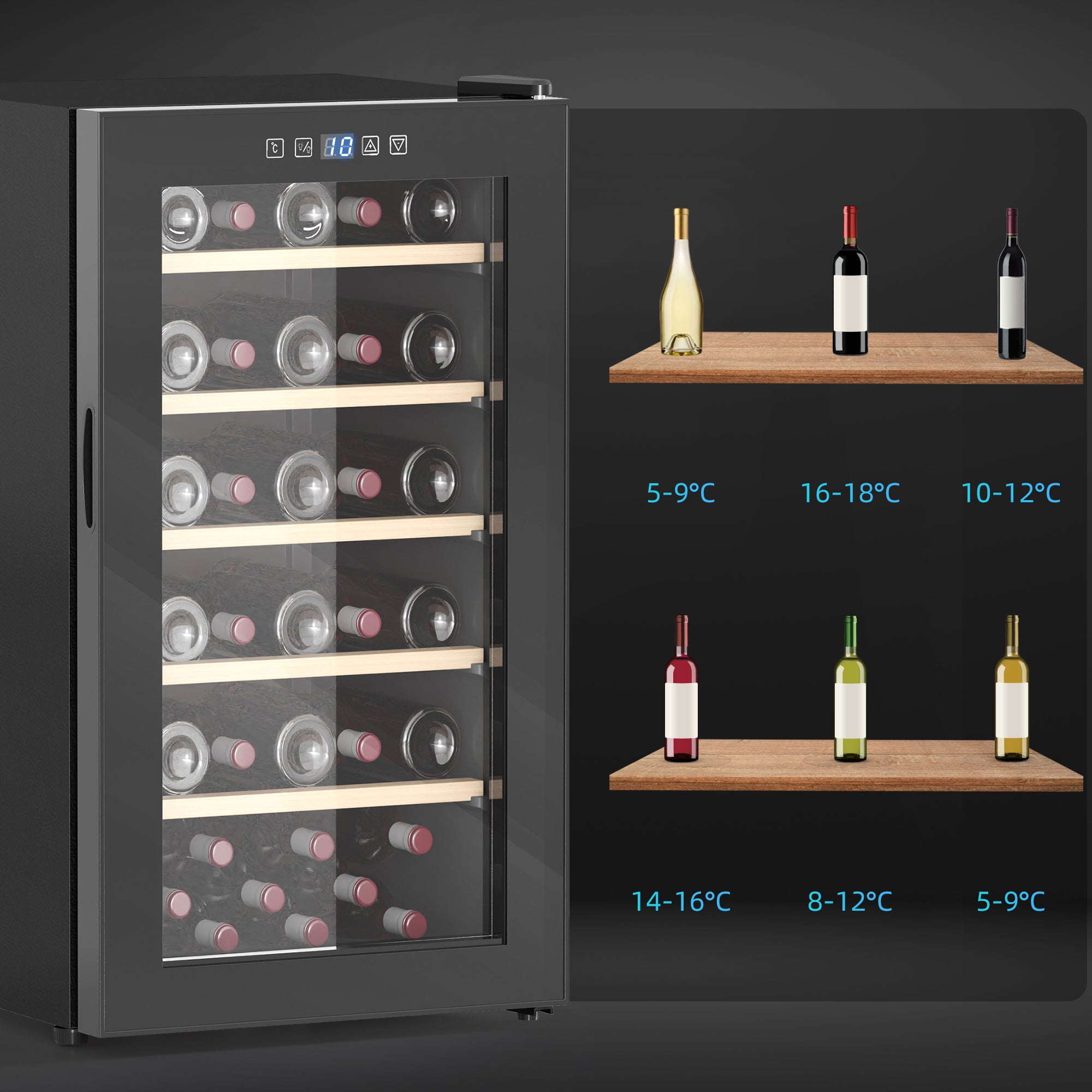 HOMCOM 41 Bottle Wine Fridge, 91 Litre Capacity, 45cm Wine Cooler Fridge with Glass Door, LED Light, Digital Touch Screen, Temperature Control, Freestanding Wine Refrigerator, Black - North Peak Garden Furniture