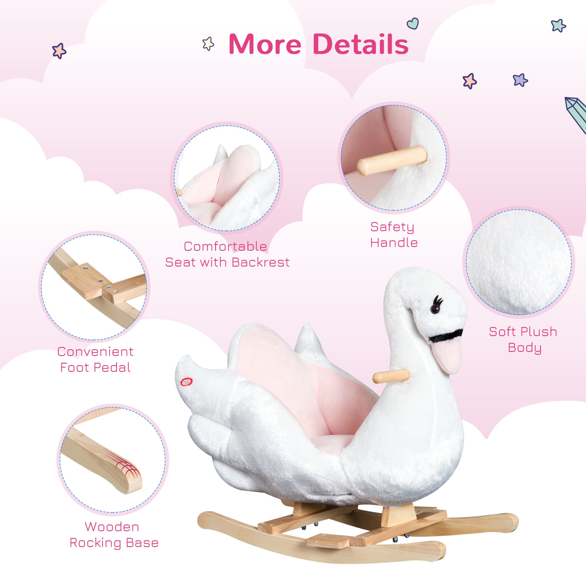 HOMCOM Kids Rocking Horse Plush Ride On Swan Toy w/ Safety Seat for Toddler 18 Months +, White and Pink - North Peak Garden Furniture