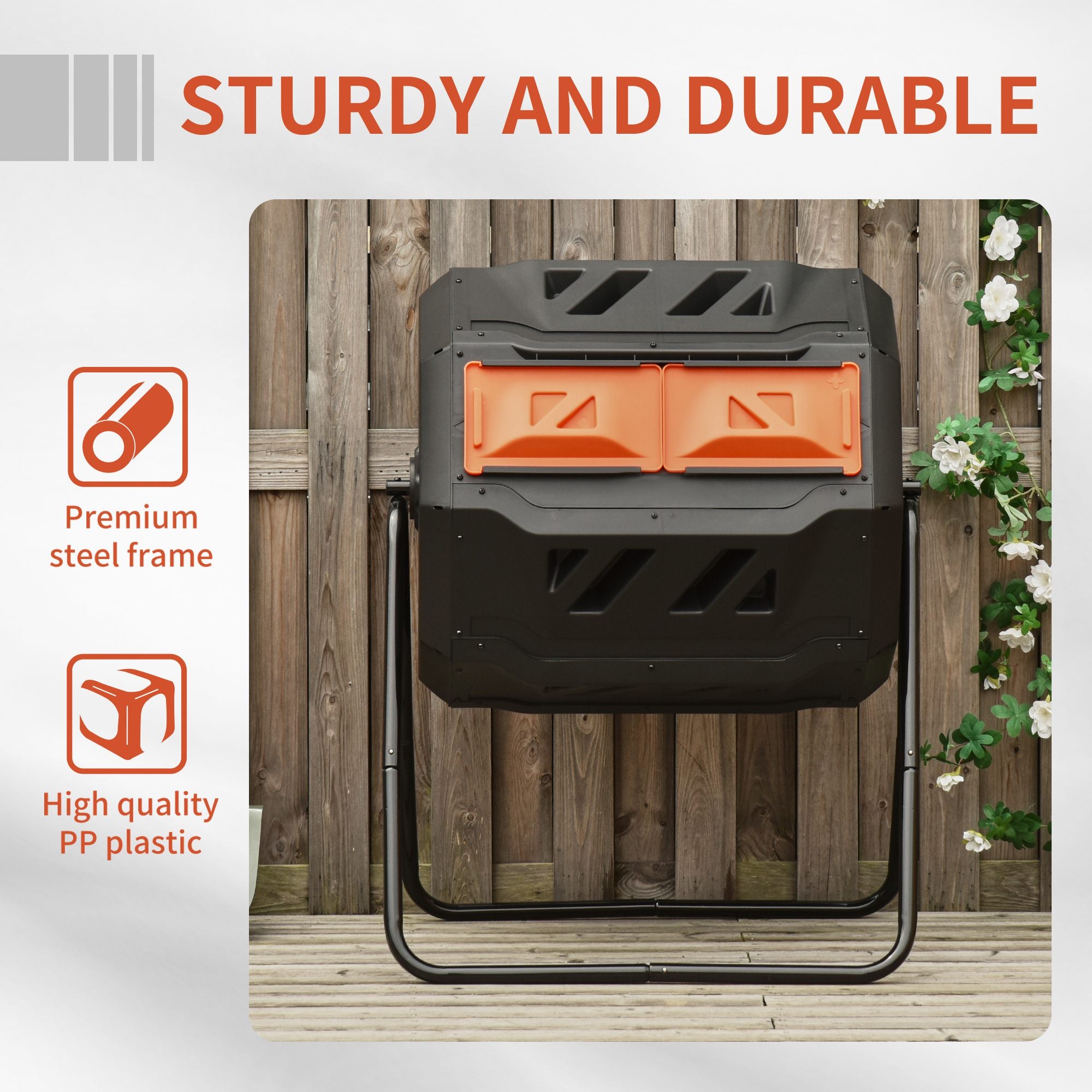 Outsunny 160L Tumbling Compost Bin Outdoor Dual Chamber 360° Rotating Composter, Garden Compost Bin w/ Sliding Doors & Solid Steel Frame, Orange - North Peak Garden Furniture