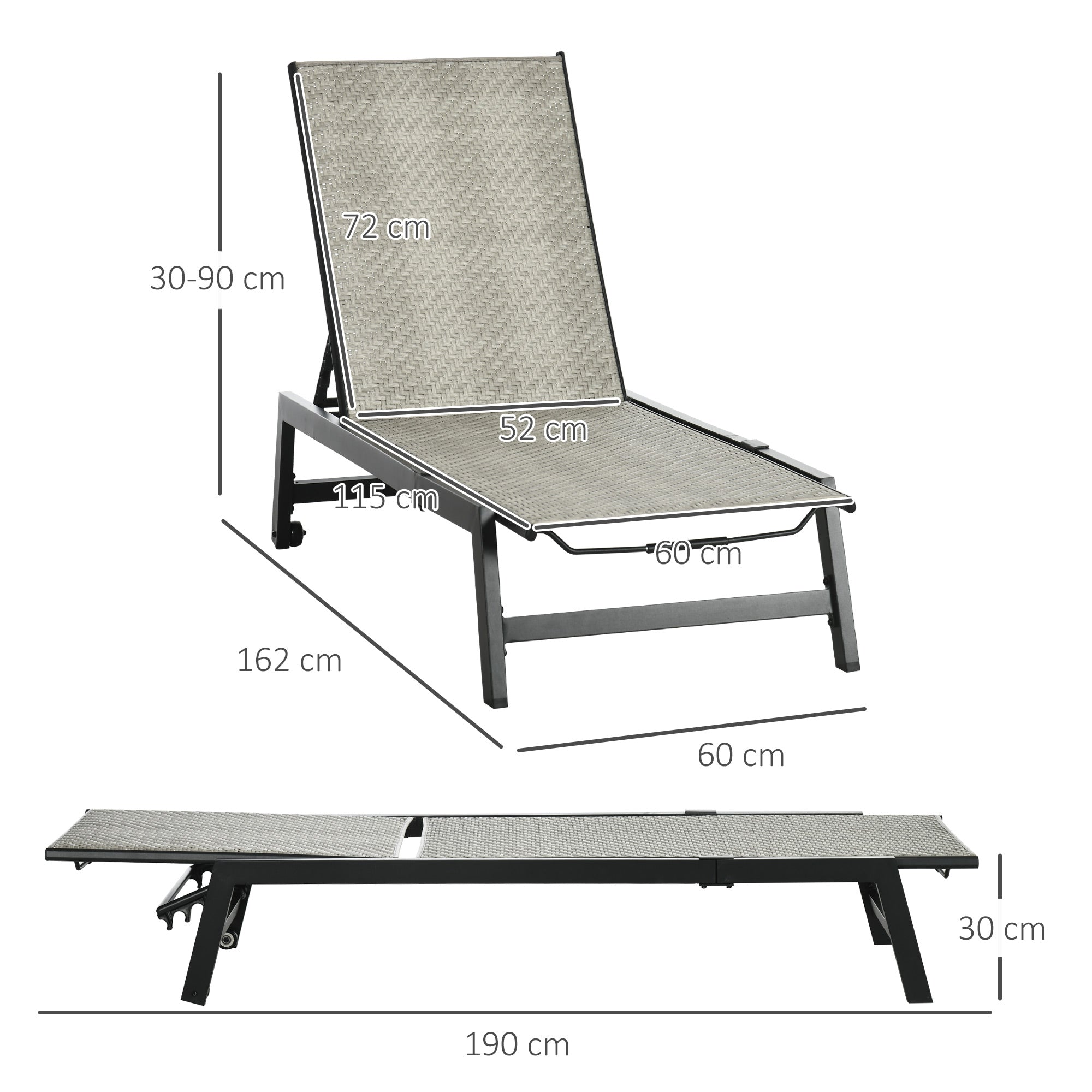 Outsunny Rattan Sun Lounger, with Five-Position Back - Grey/Black