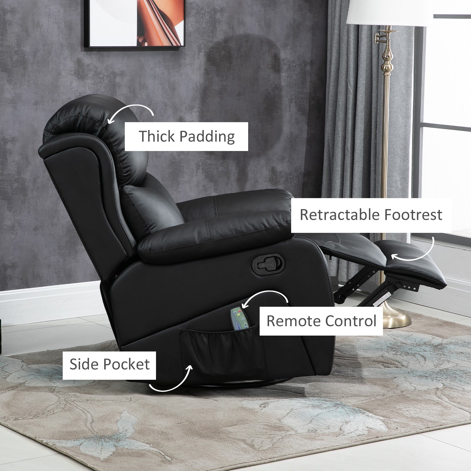 HOMCOM PU Leather Reclining Chair with 8 Massage Points and Heat, Manual Recliner with Swivel Base, Footrest and Remote, Black