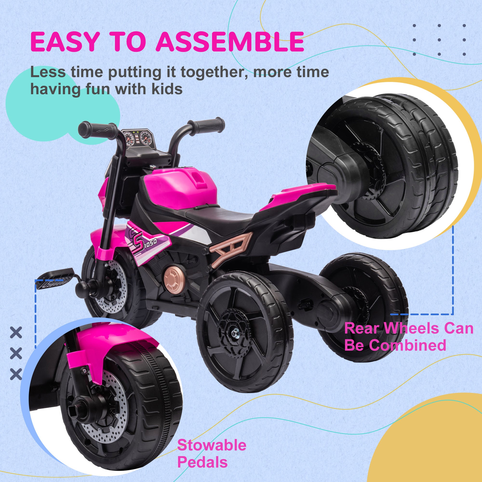 AIYAPLAY Motorcycle Design, 3 in 1 Toddler Trike, Sliding Car, Balance Bike with Headlight, Music, Horn, Pink - North Peak Garden Furniture
