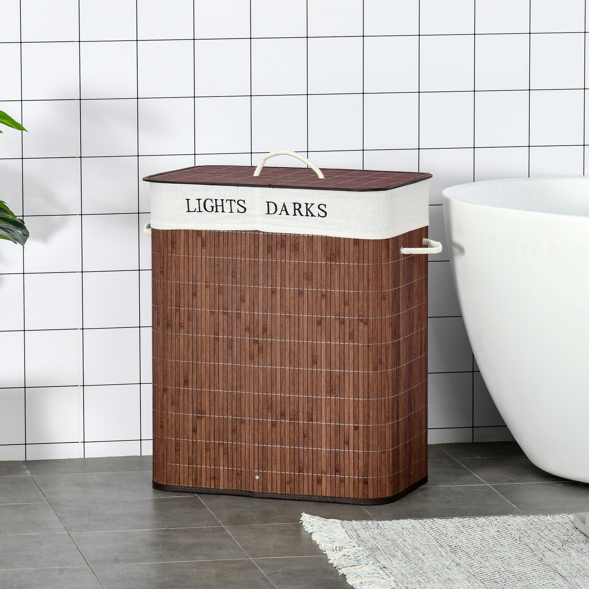 HOMCOM 100L Laundry Basket with Lid String Handles, 2 Section Collapsible Hamper Removable Lining Foldable Water-Resistant Dirty Clothes Storage, Brown - North Peak Garden Furniture