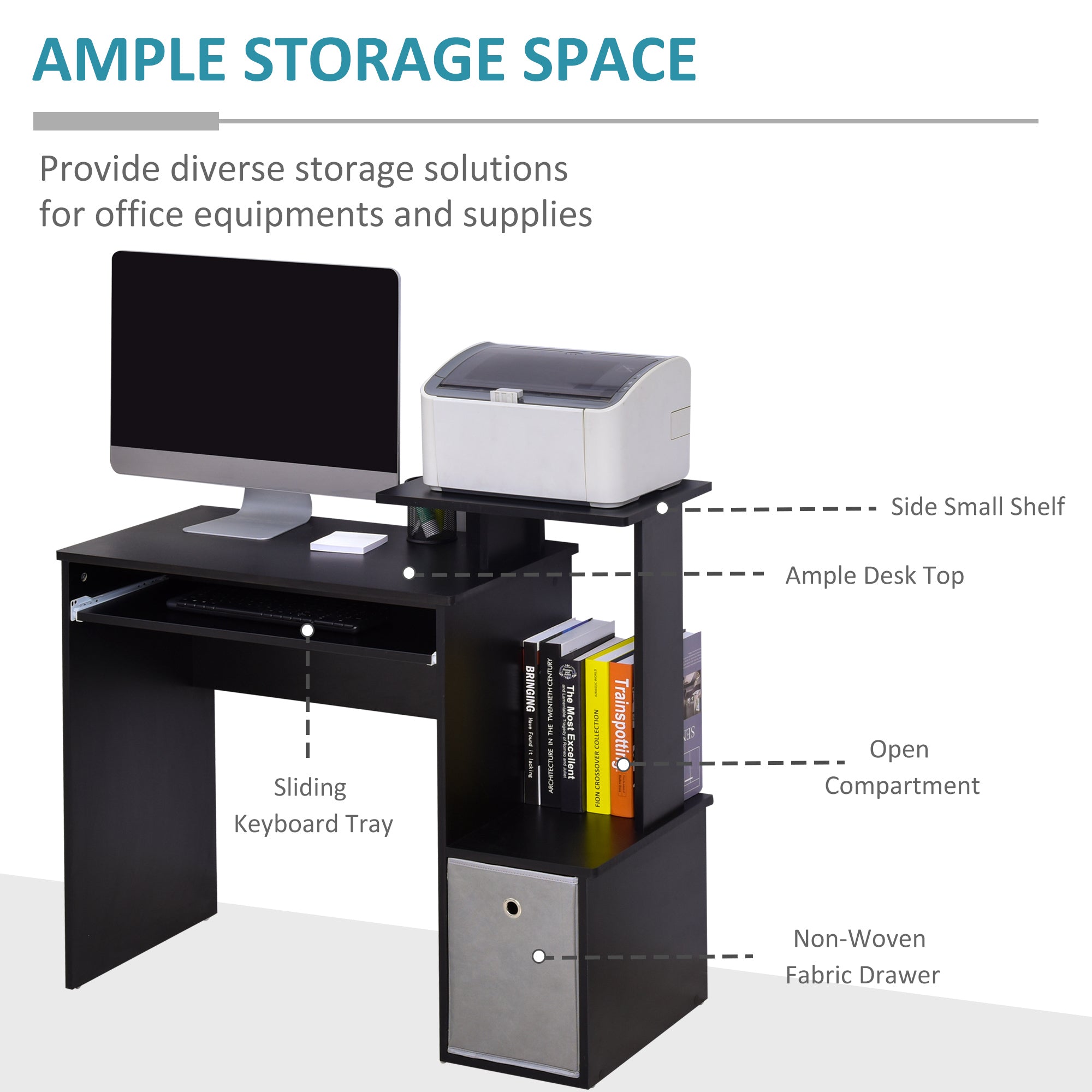 HOMCOM Computer Desk with Sliding Keyboard Tray Storage Drawer Shelf Home Office Workstation Black - North Peak Garden Furniture