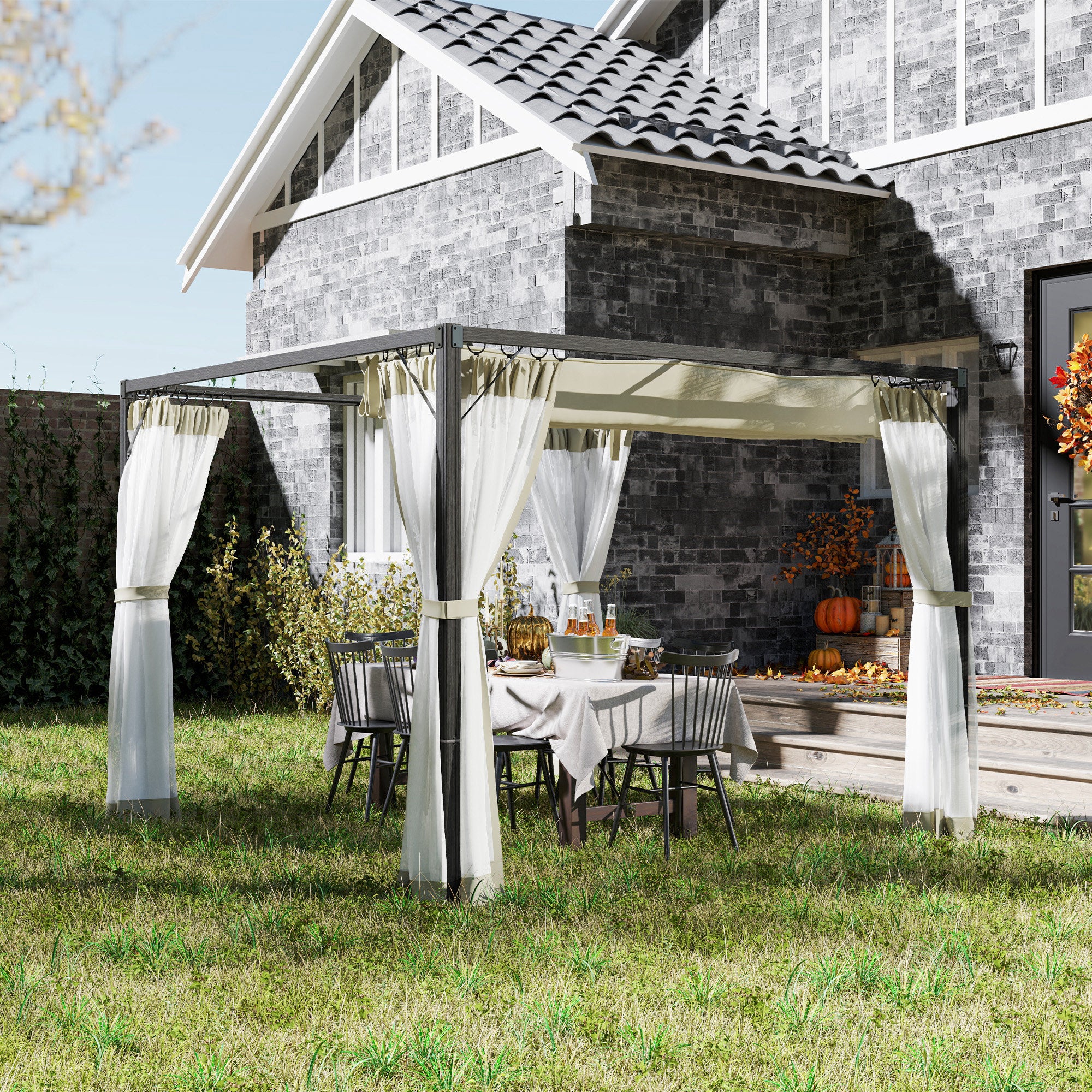 Outsunny 3 x 3m Aluminium Frame Pergola, with Retractable Roof - Khaki - North Peak Garden Furniture