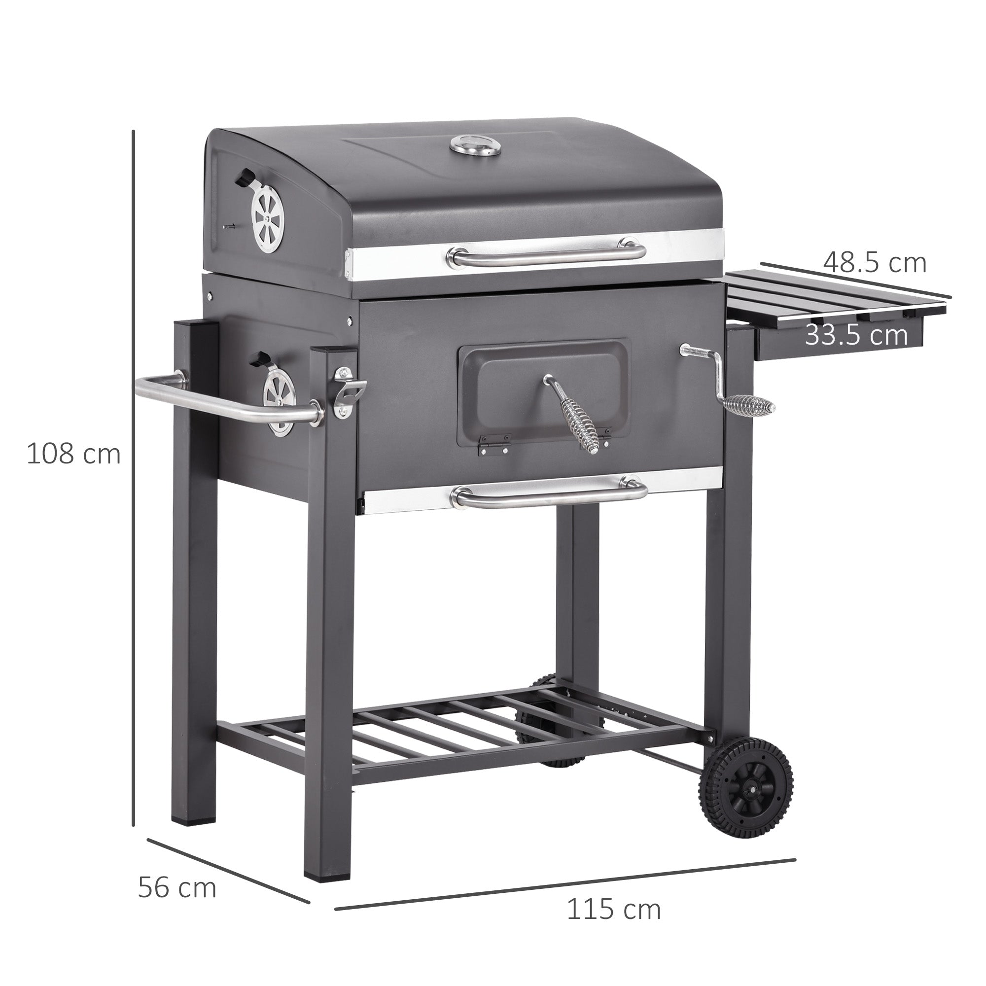 Outsunny Charcoal Grill BBQ Trolley with Adjustable Charcoal Grate, Garden Metal Smoker Barbecue with Shelf, Side Table, Wheels, Built-in Thermometer, Bottle Opener - North Peak Garden Furniture