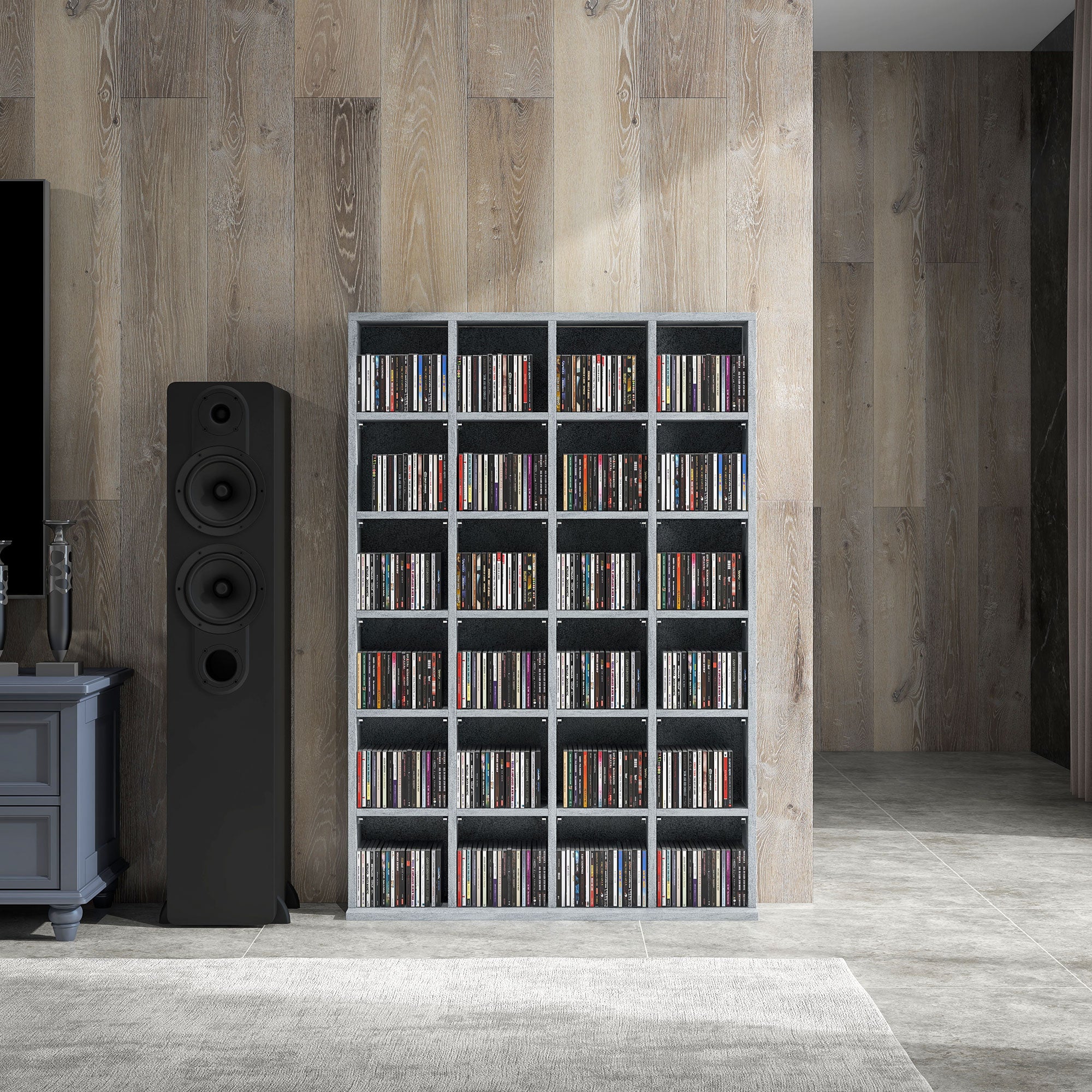 HOMCOM CD Storage Unit with Adjustable Shelves, 89 x 130.5 cm, Cement Grey - North Peak Garden Furniture