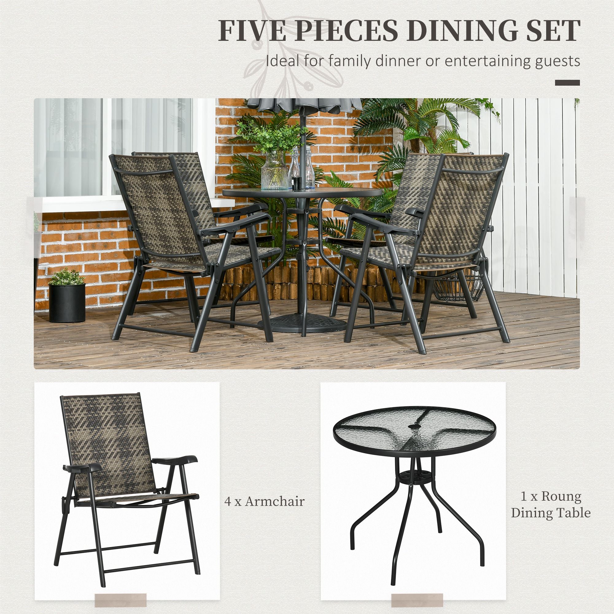 Outsunny 4 Seater Rattan Dining Set, Rattan Garden Furniture Set with Parasol Hole, Outdoor Dining Table and Chairs with 4 Armchairs, Round Glass Top Table for Patio, Balcony, Mixed Grey - North Peak Garden Furniture
