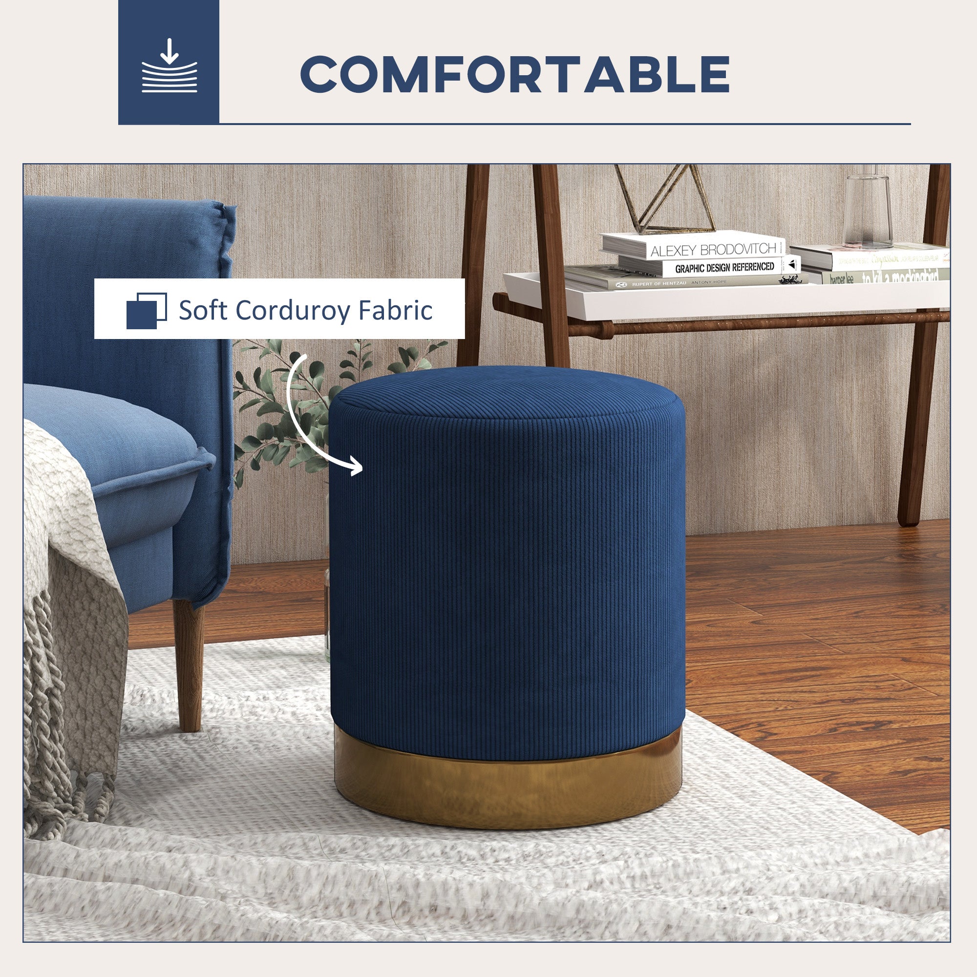 HOMCOM Soft Padded Corduroy Footstool - Dark Blue - North Peak Garden Furniture