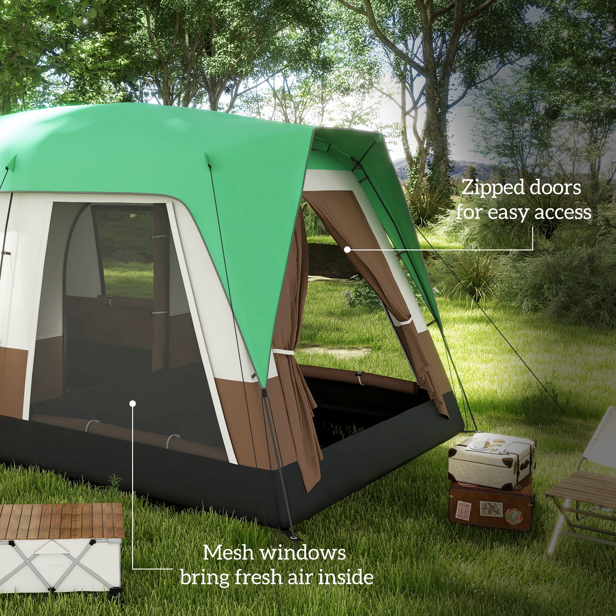 Outsunny Six-Man Camping Tent, with Small Rainfly and Accessories - Green - North Peak Garden Furniture