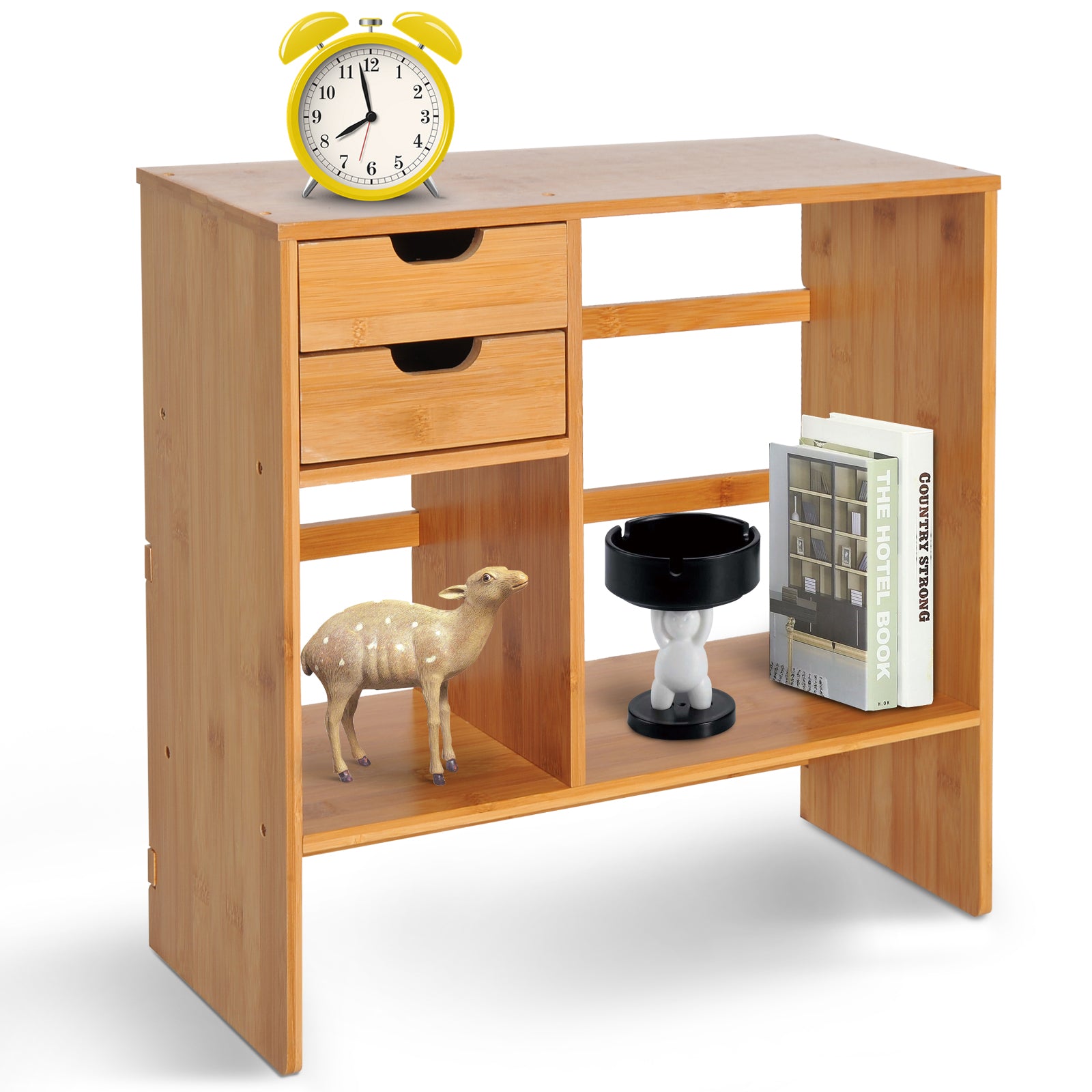 HOMCOM Desk Organiser Compartments Desktop Bookshelf Stationery Storage Shelf Document File Holder with 2 Drawers 2-way Reversed Use Bamboo - North Peak Garden Furniture