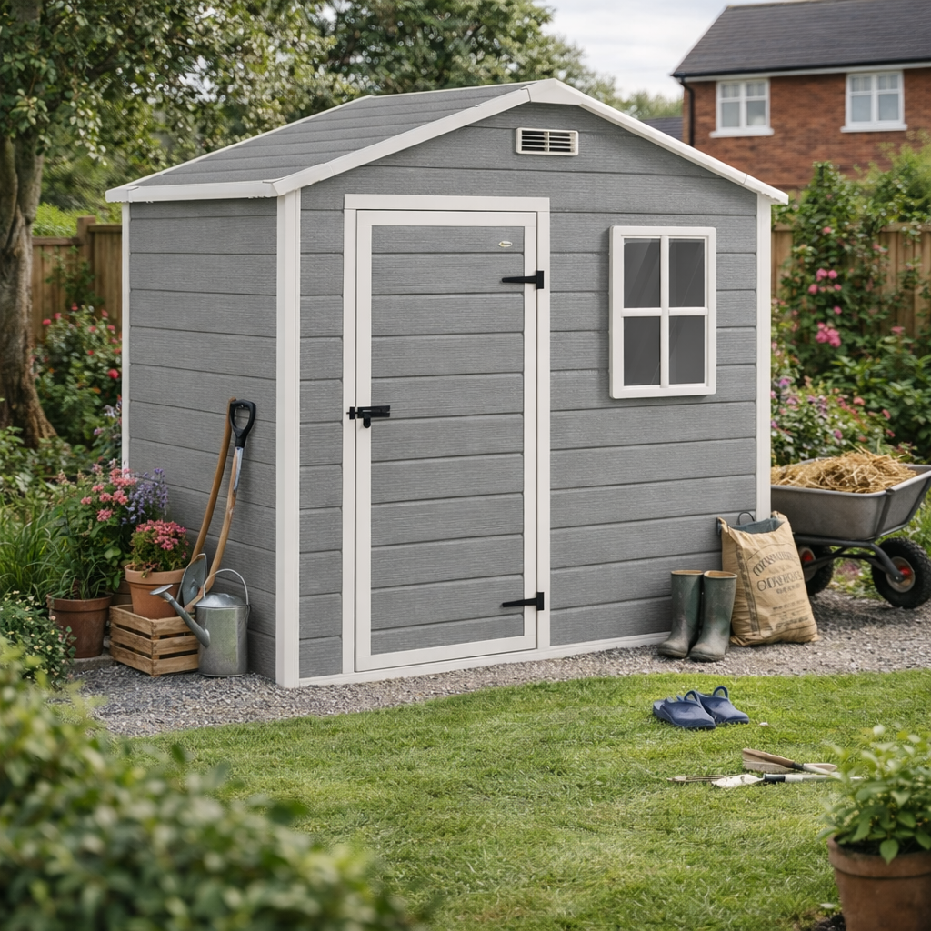 Outsunny 6 x 4ft Garden Shed, Plastic Shed with Floor, Window, Lockable Door and Vents, Wood Effect Resin Tool Shed for Outdoor, Grey