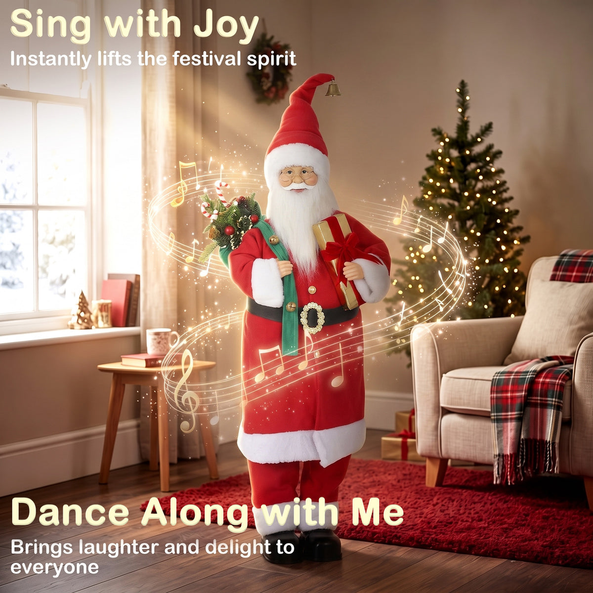 HOMCOM 4ft Singing Dancing Santa Claus, Standing Christmas Animated Santa Figure with Gift and Sack, Sound/Touch Activated