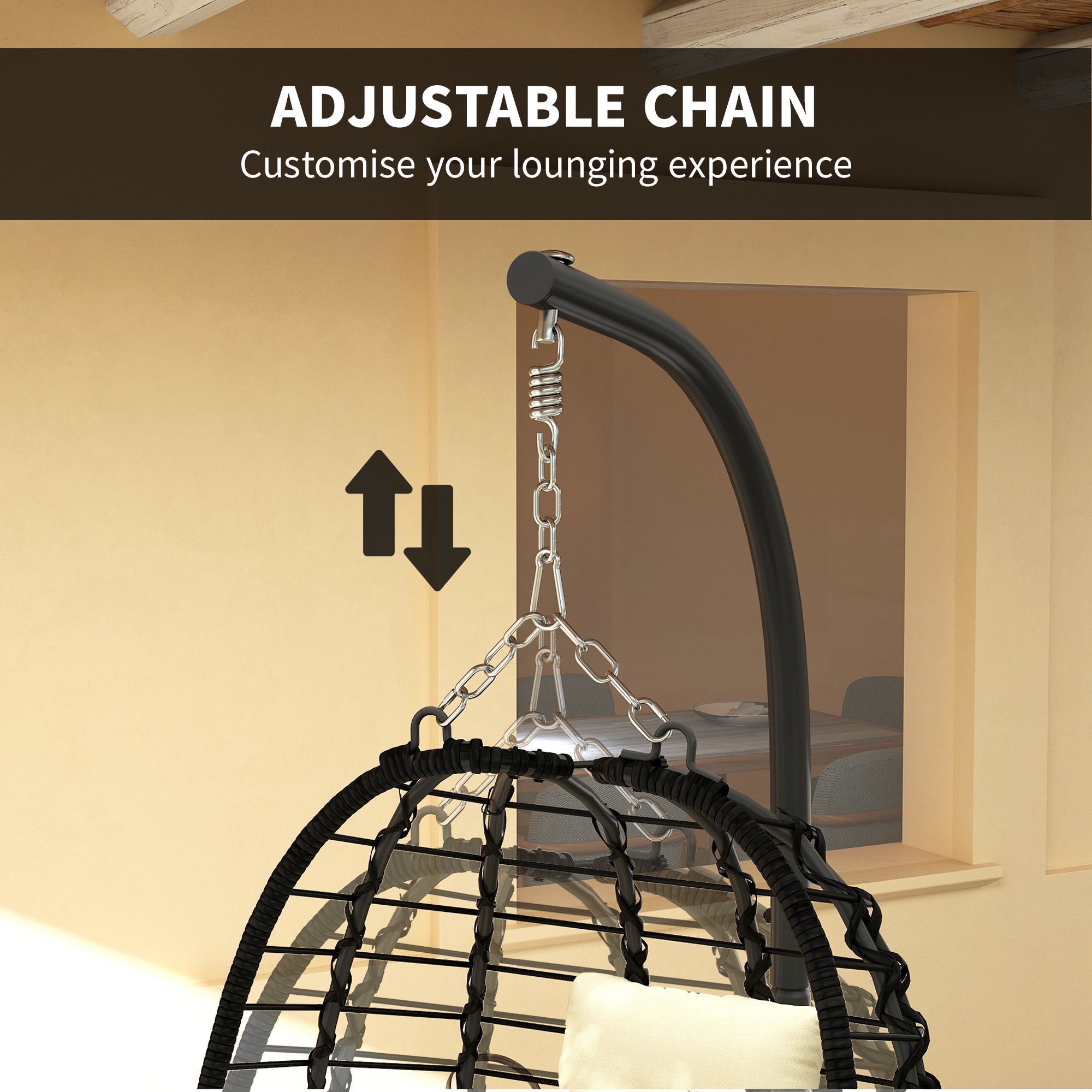 Outsunny Rattan Hanging Egg Chair, Foldable Wicker Hammock Swing Chair with Cushion, Stand, Adjustable Height, Head Pillow, Steel Frame for Garden Patio Indoor Outdoor, Cream White - North Peak Garden Furniture