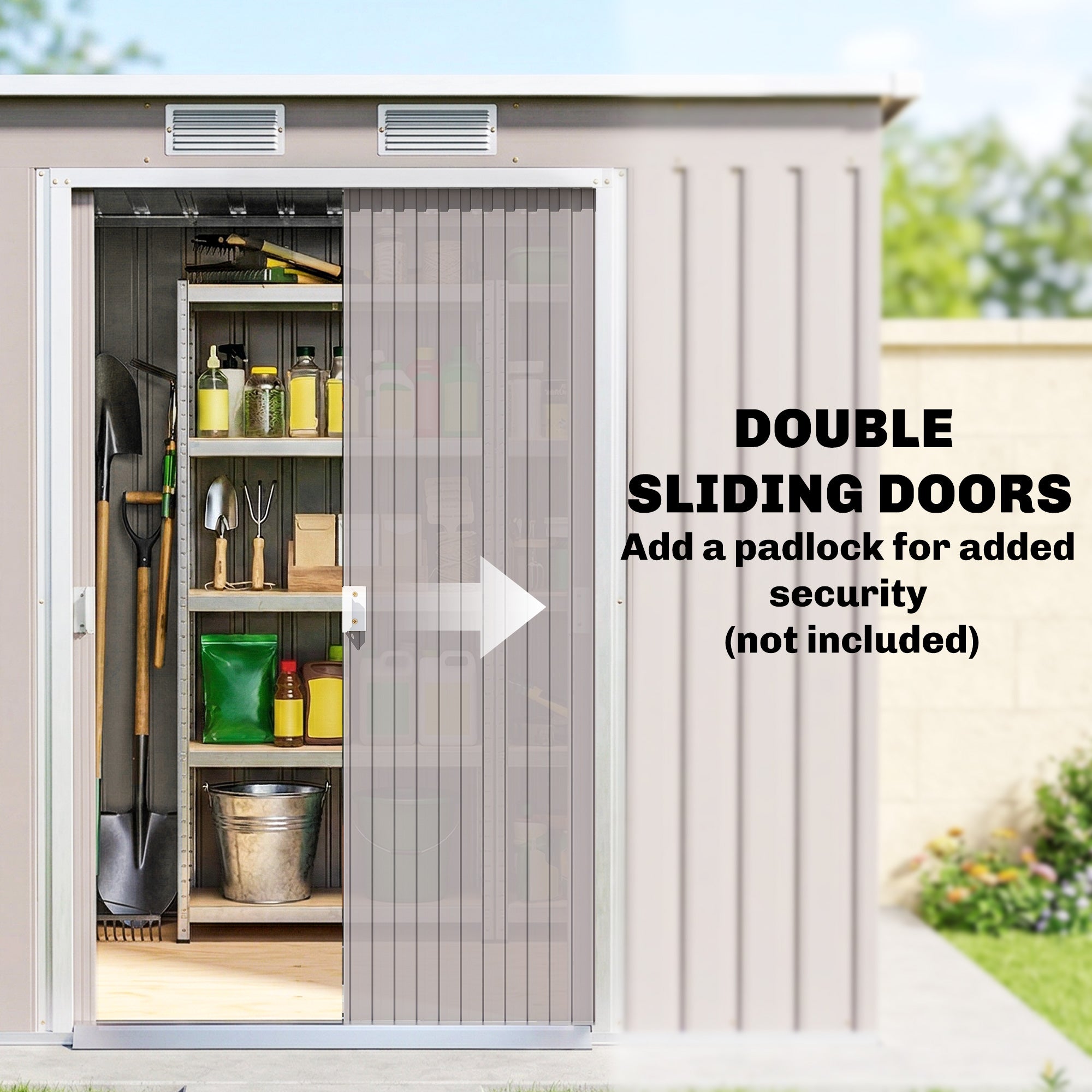 Outsunny Outdoor Lean to Garden Metal Equipment Tool Storage Shed w/ Foundation Kit, Double Door, Vents and Sloped Roof, Grey