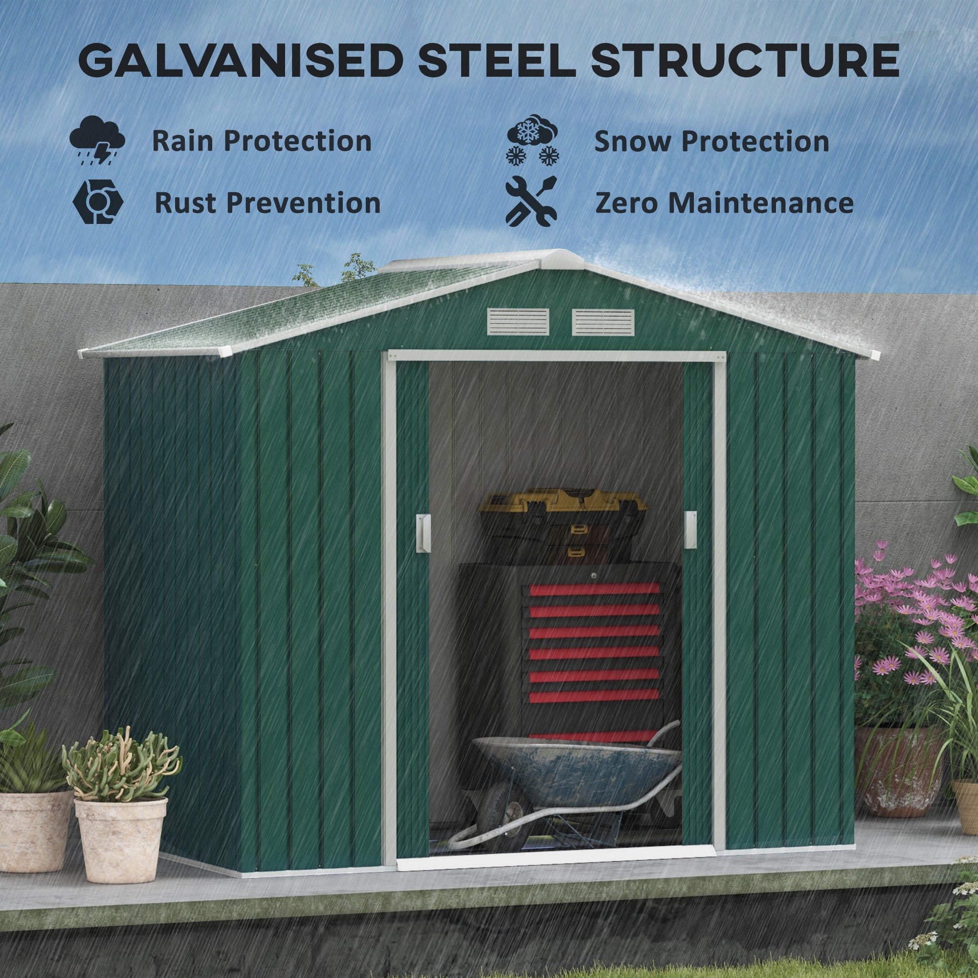 Outsunny 7 x 4ft Metal Garden Shed, Outdoor Storage Tool House with Ventilation Slots, Foundation Kit and Lockable Double Doors, Green - North Peak Garden Furniture