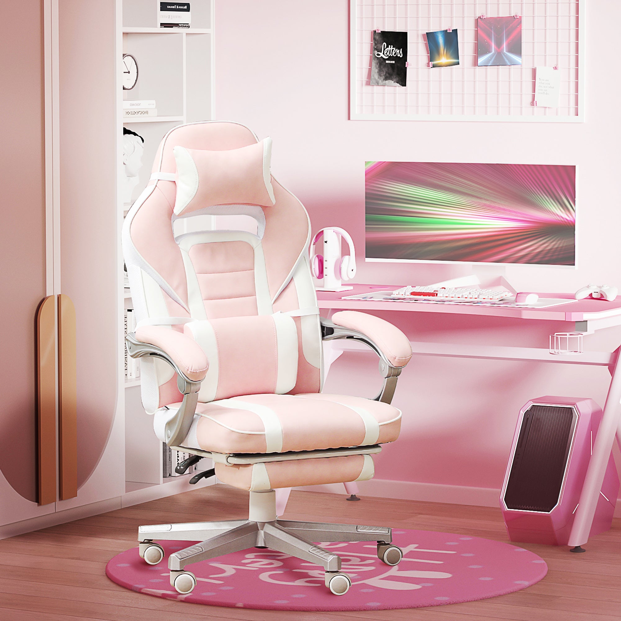 HOMCOM Faux Leather Reclining Gaming Chair, with Footrest - Pink/White - North Peak Garden Furniture