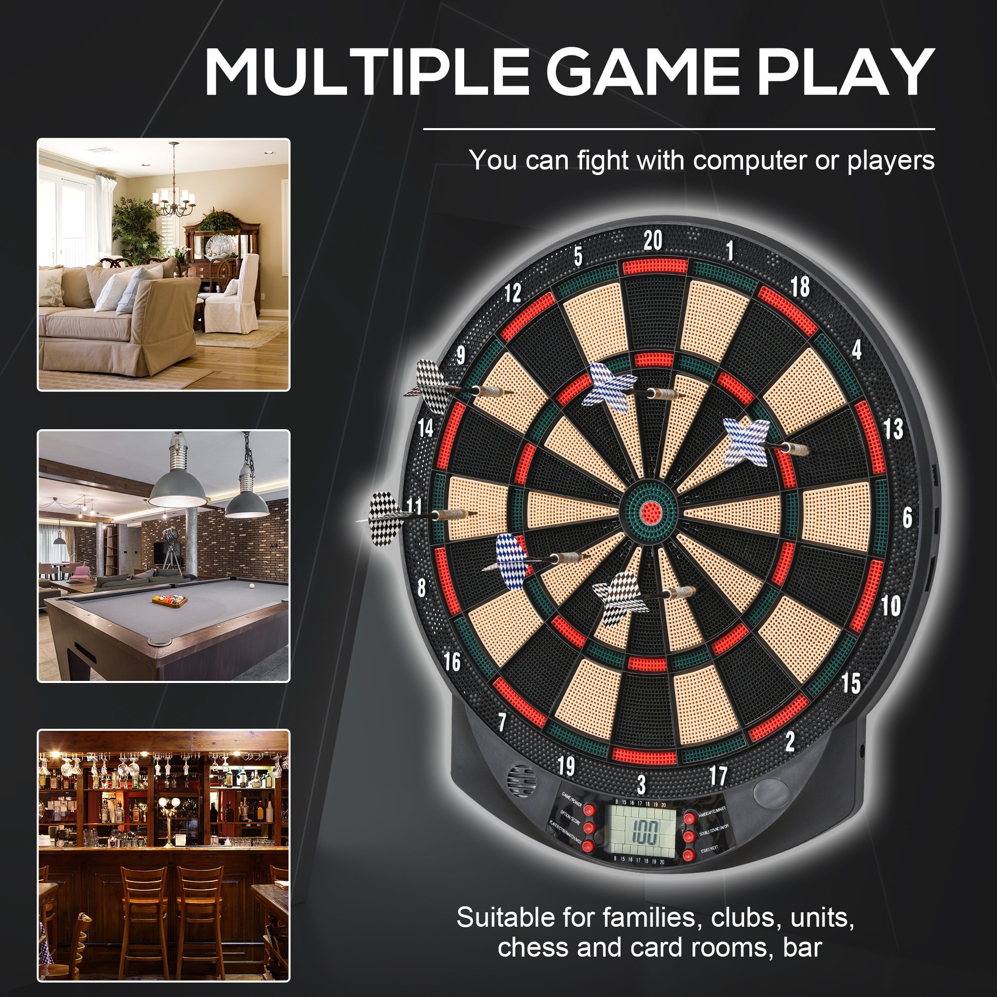 HOMCOM LCD Electronic Dartboard Set Features 26 Games w/ 185 Variations and Include 6 Darts Multi-Game Option Ready-to-Play - North Peak Garden Furniture