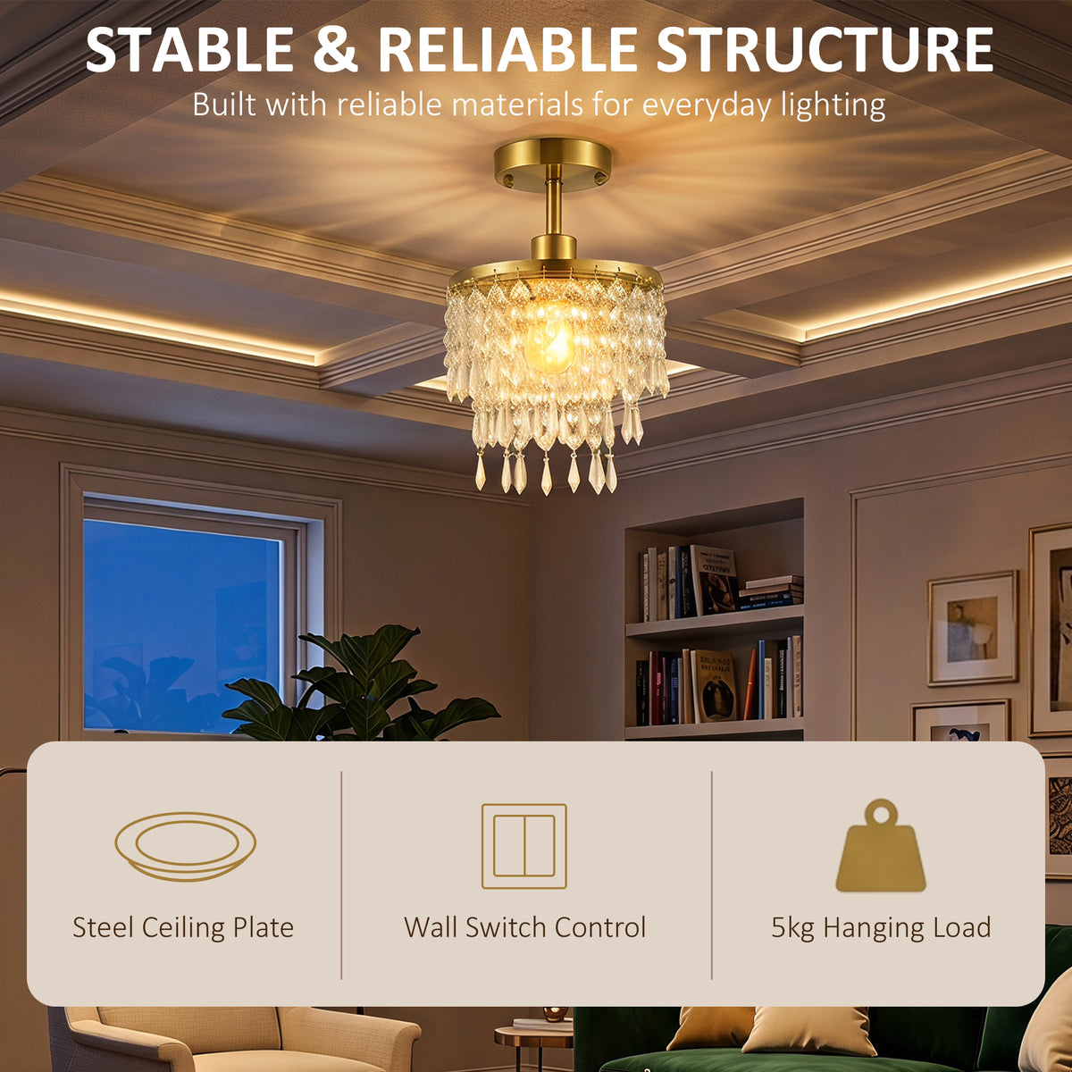 HOMCOM Crystal Ceiling Light with 57 Crystal Strands, Ceiling Light with Mounting Plate for Hallway, Gold Tone