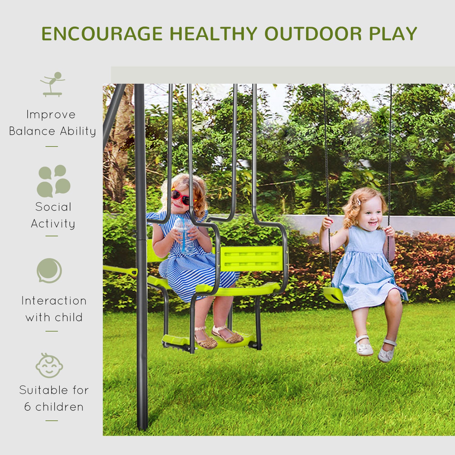 Outsunny Metal Garden Swing Set with Double Swings, Glider, Swing Seats - Green - North Peak Garden Furniture