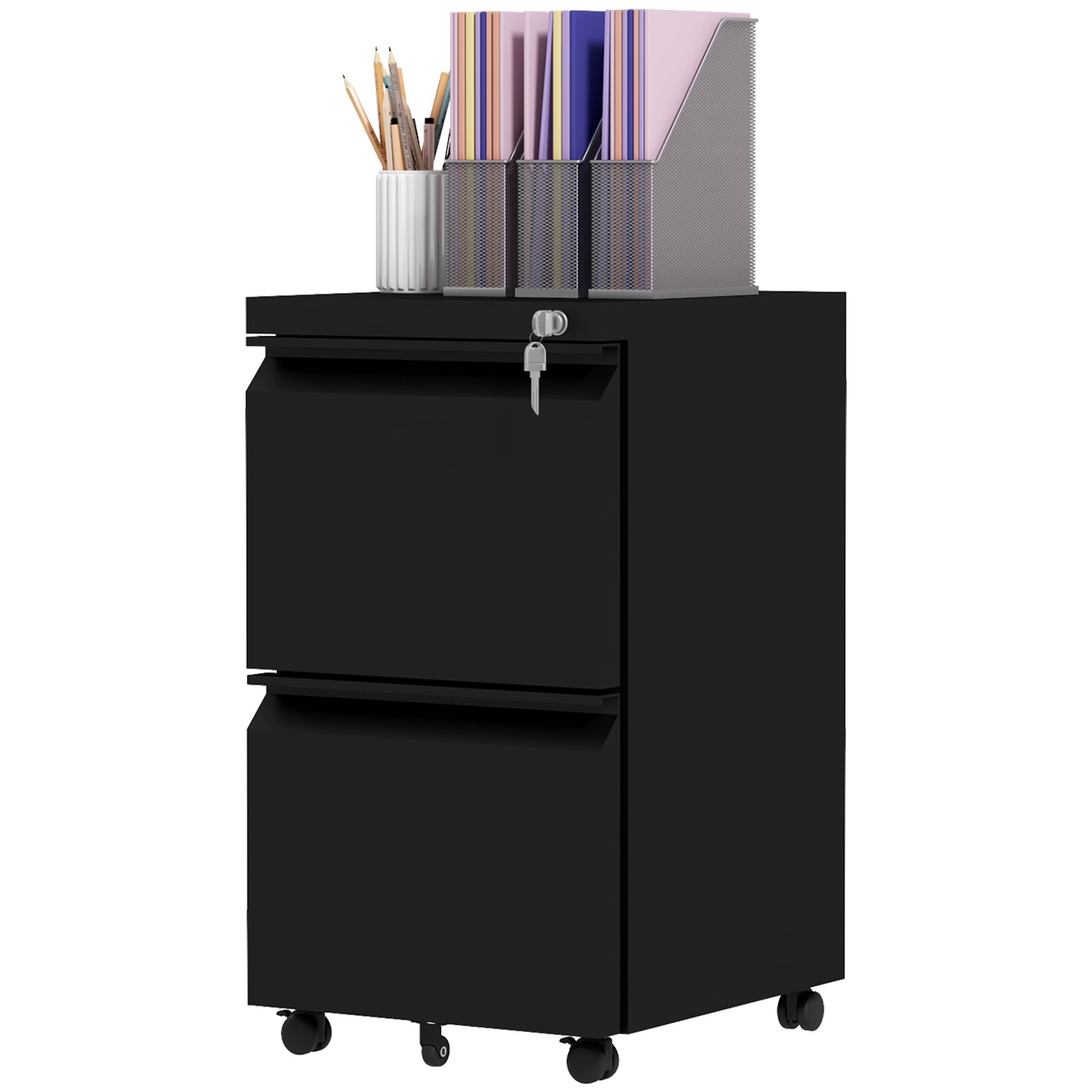 Vinsetto 2-Drawer Mobile Filing Cabinet, Steel Lockable File Cabinet for Letter, A4 and Legal Size, Pre-Assembled Body, Black