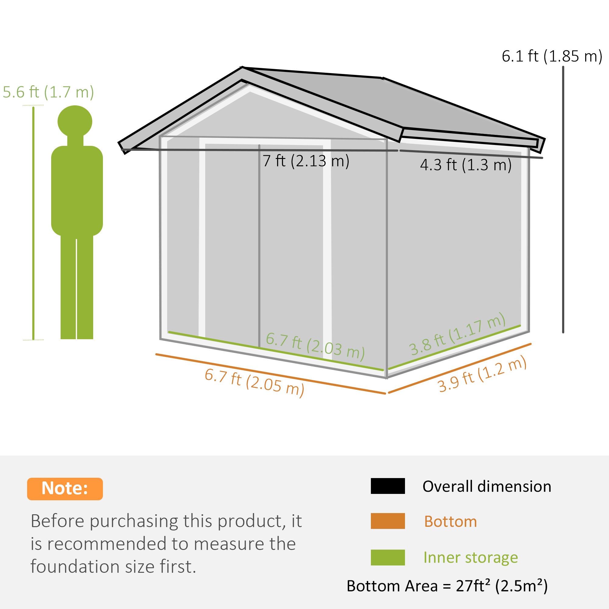 Outsunny 7 x 4ft Metal Garden Shed, Outdoor Storage Tool House with Ventilation Slots, Foundation Kit and Lockable Double Doors, Light Green - North Peak Garden Furniture