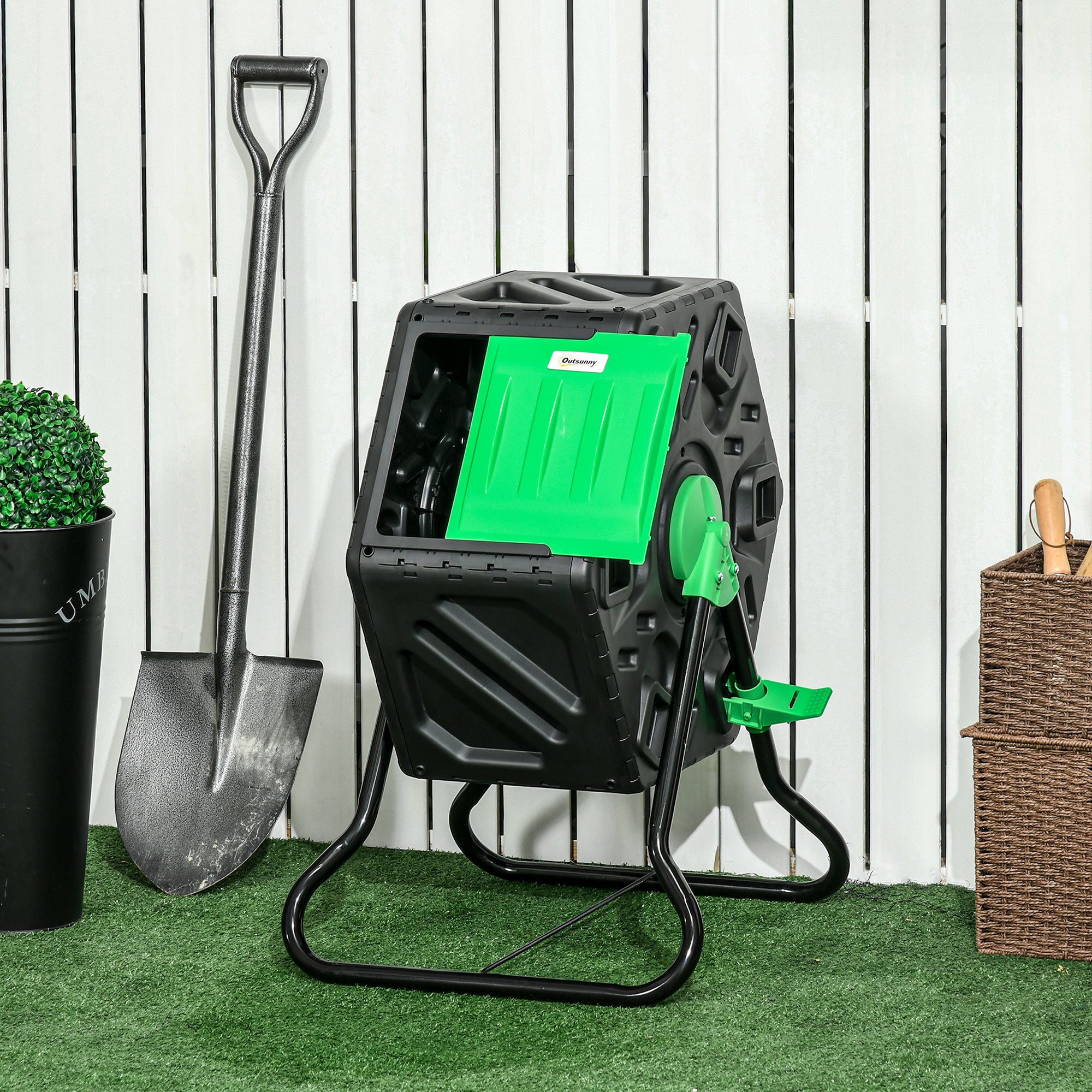 Outsunny 65L Garden Compost Bin, Single Chamber Rotating Composter, Compost Maker with 48 Ventilation Openings and Steel Legs - North Peak Garden Furniture