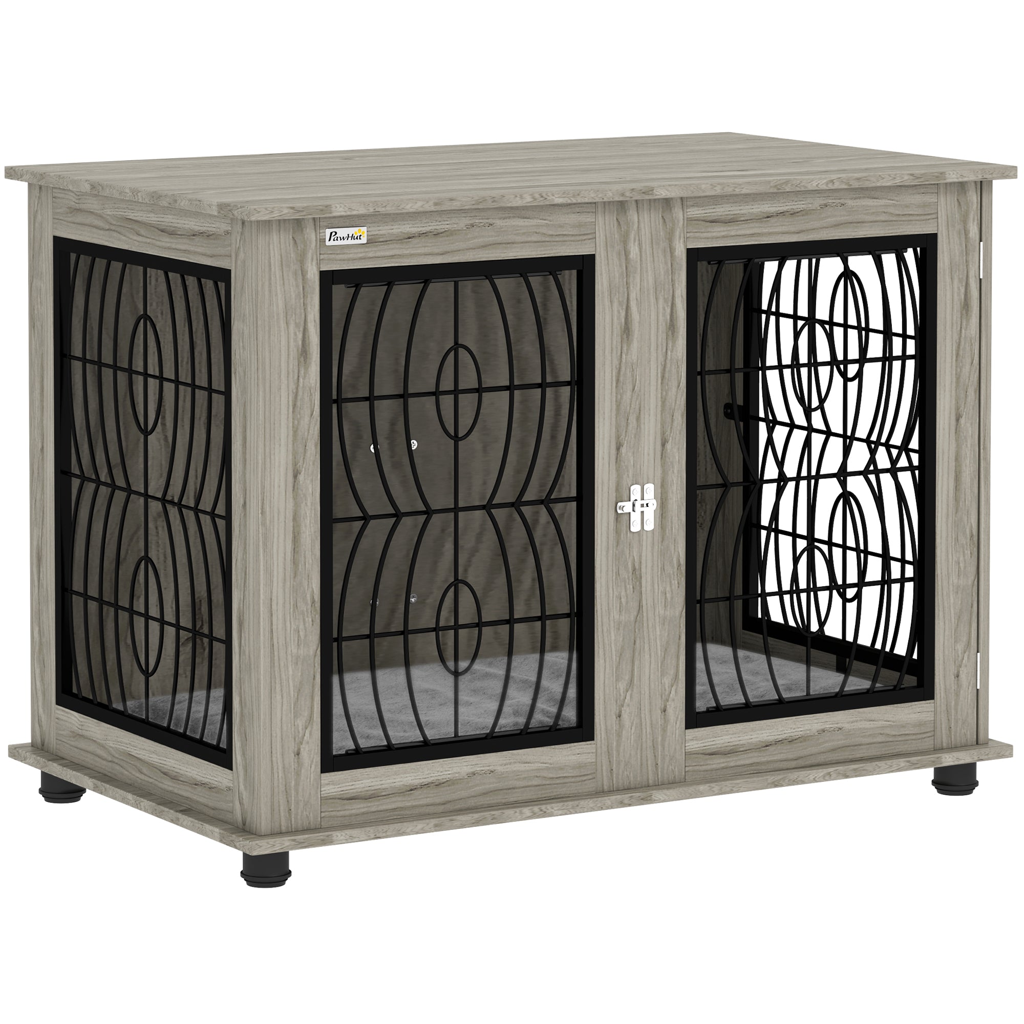 PawHut Indoor Dog Crate Furniture End Table with Soft Washable Cushion, Lockable Front Door, for Large Dogs - Grey - North Peak Garden Furniture