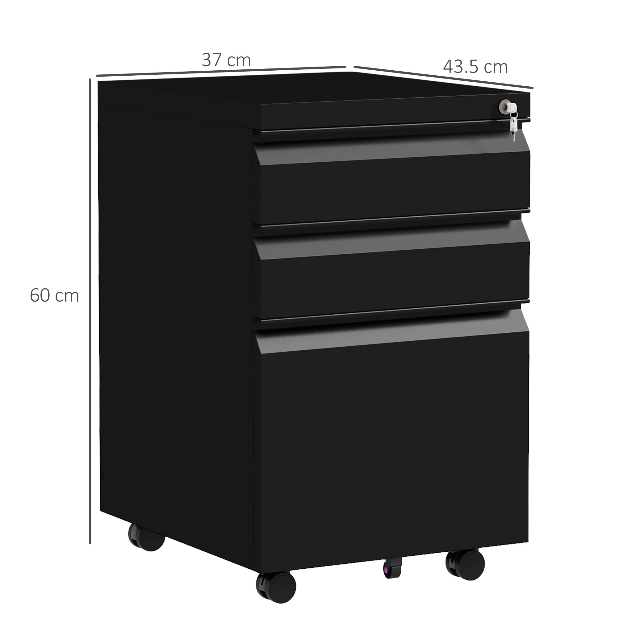 Vinsetto 3-Drawer Mobile Filing Cabinet with Pencil Tray, Steel Lockable File Cabinet for Letter, A4 and Legal Size, Pre-Assembled Body, Black - North Peak Garden Furniture