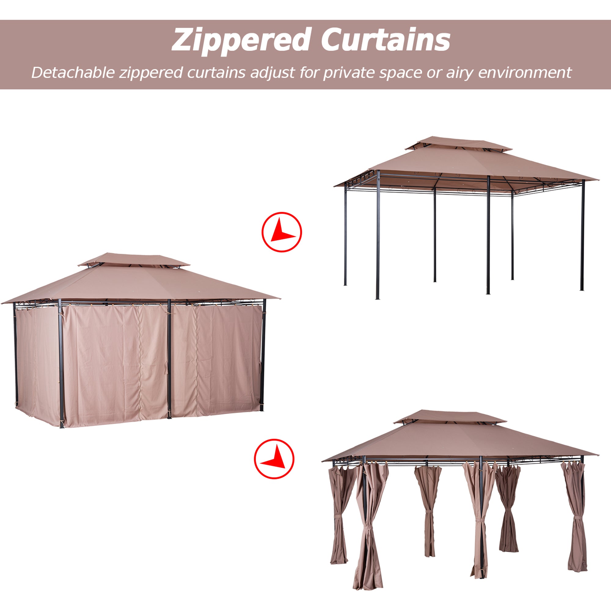 Outsunny 4m x 3(m)Garden Gazebo, Double Roof Outdoor Gazebo Canopy Shelter with Curtains, Solid Steel Frame for Lawn and Deck, Brown - North Peak Garden Furniture