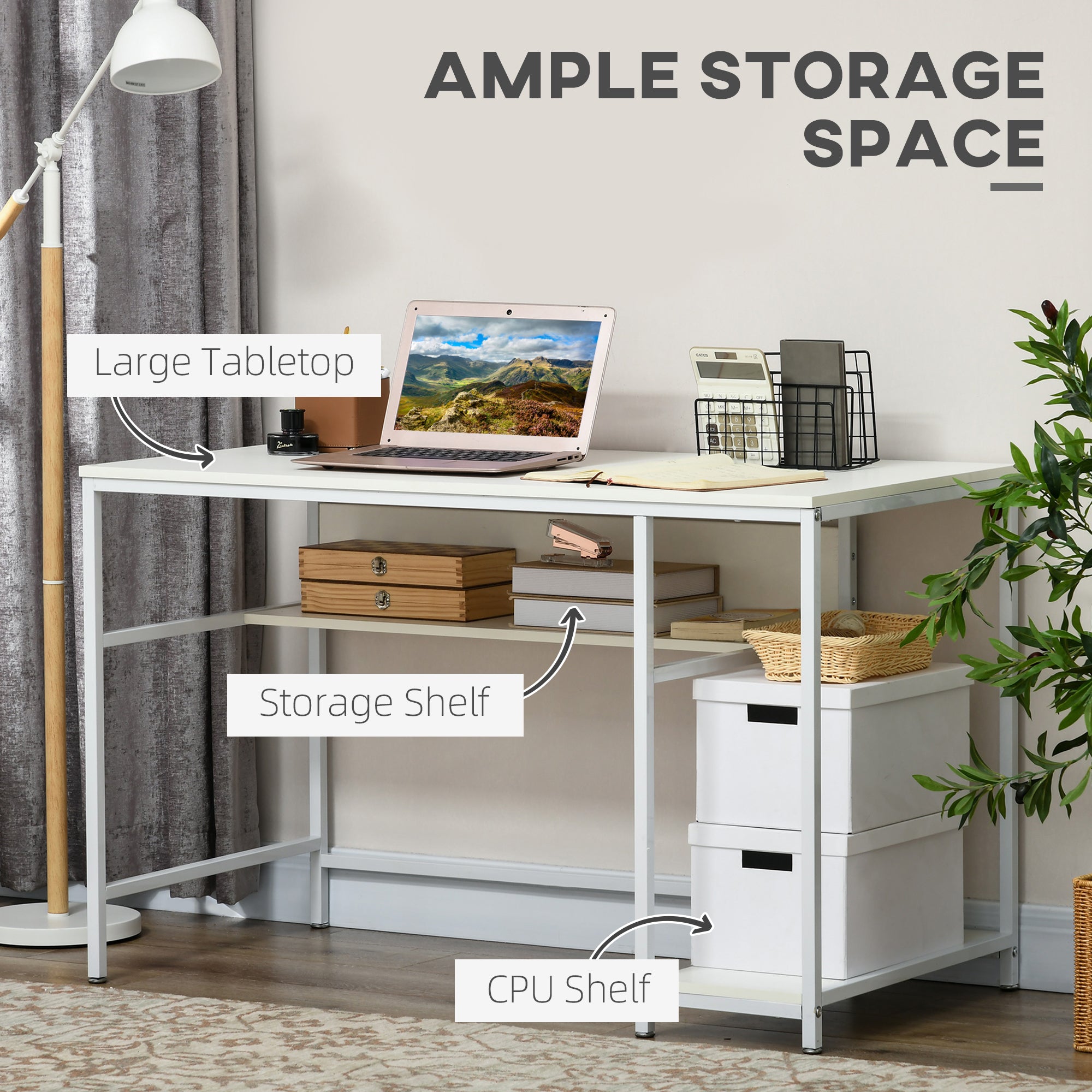 HOMCOM Computer Desk with Storage, 120 x 60cm Home Office Desk with 2 Shelves and Steel Frame, Writing Table for Living Room, Study, White