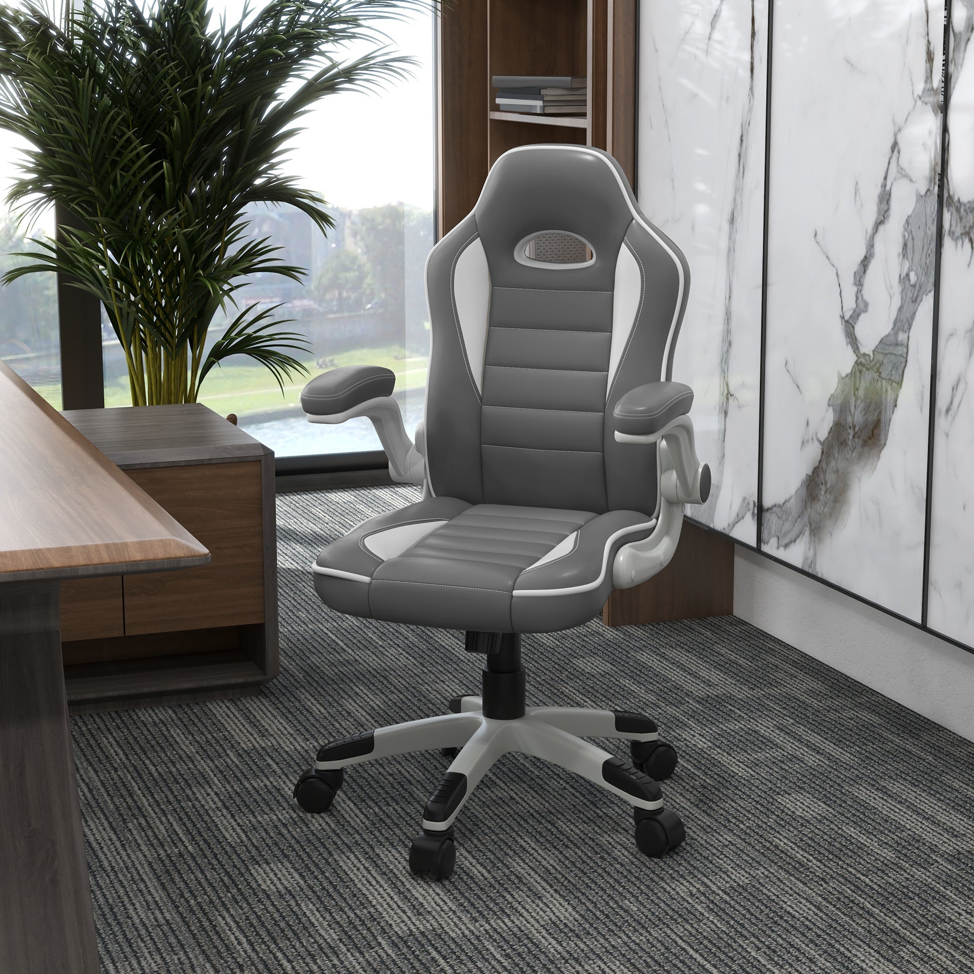 Vinsetto Computer Gaming Chair, Office Desk Swivel Chair, PU Leather Racing Chair with 90° Flip-up Armrest, Adjustable Height and Rolling Wheels, Grey - North Peak Garden Furniture