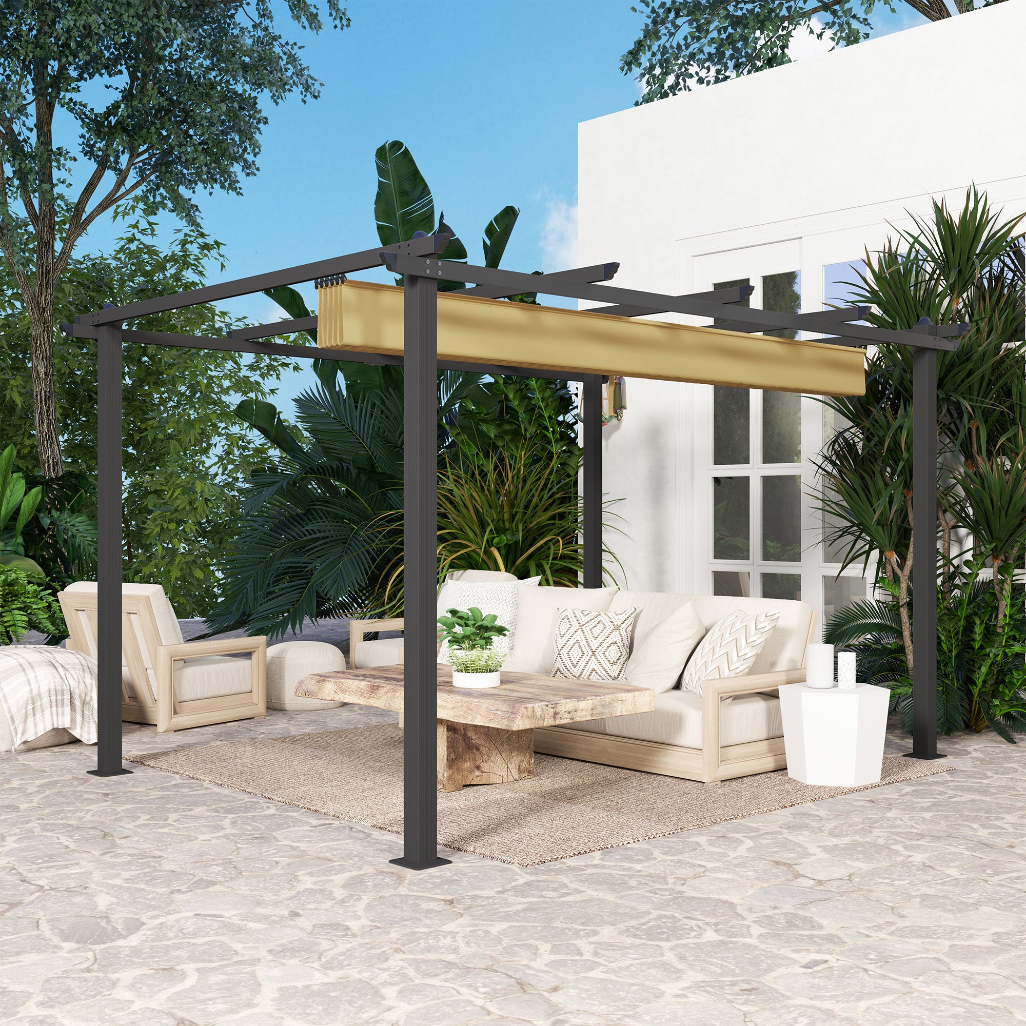 Outsunny 3 x 4m Aluminium Pergola, with Retractable Roof - Khaki - North Peak Garden Furniture
