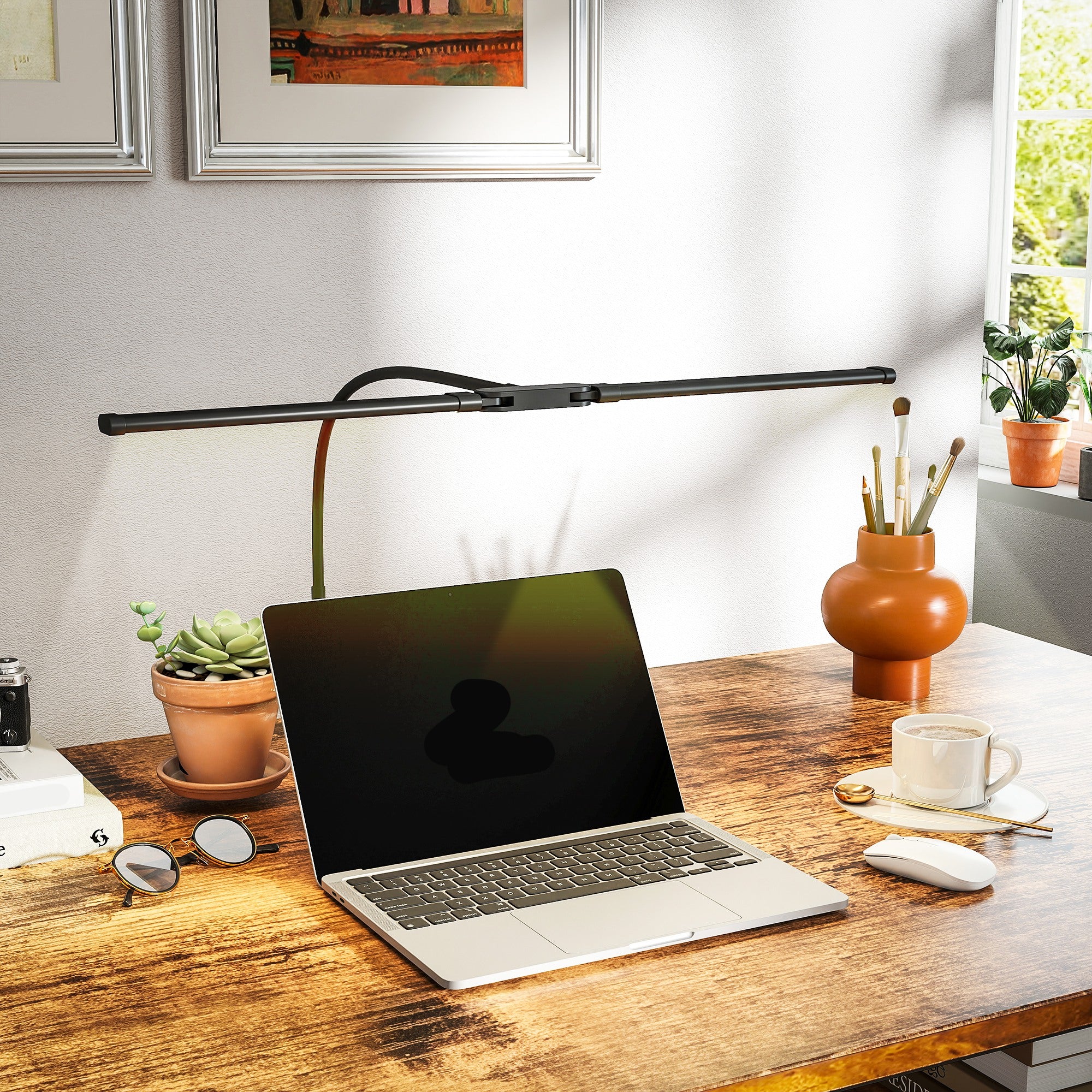 HOMCOM LED Desk Lamp with Clamp, Double Head Table Lamp with 3 Colour Modes & 10 Brightness Levels, Flexible Gooseneck Reading Desk Light with Timer and Memory Function for Study, Office, Work, Black - North Peak Garden Furniture