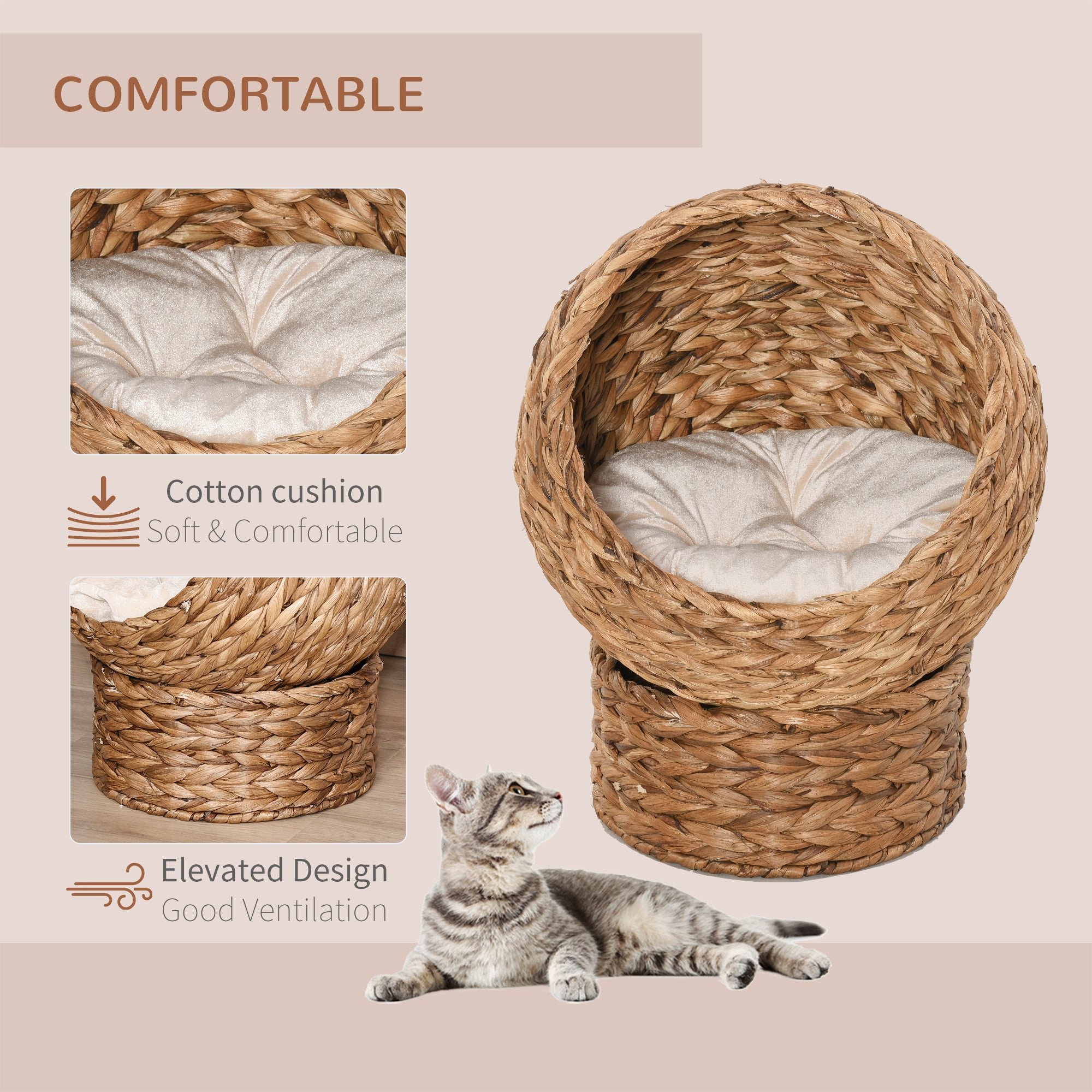 PawHut Woven Banana Leaf Elevated Cat Bed Wicker Kitten Basket Pet Den, House Cosy Cave with Soft Cushion Dome 50x42x60cm Brown