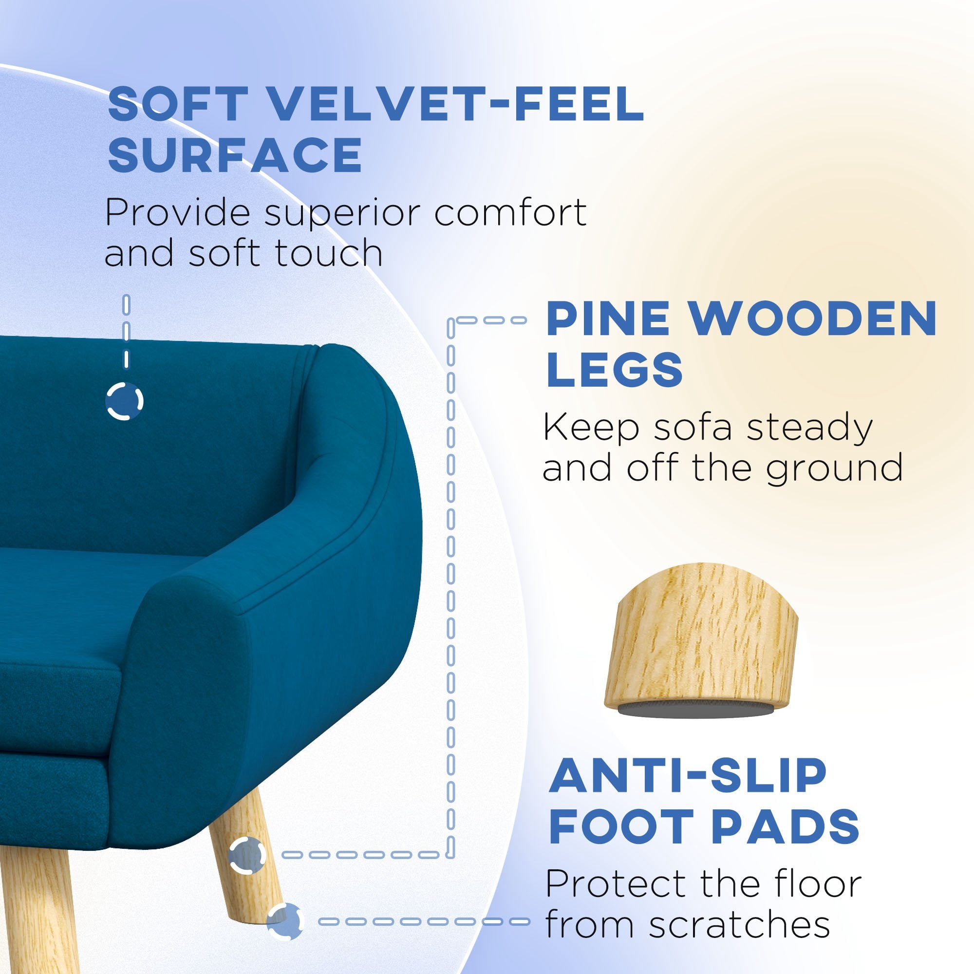 PawHut Dog Couch with Soft Cushion, Pet Sofa Bed with Wooden Frame, Removable Cover, for Medium and Large Dogs, Blue - North Peak Garden Furniture